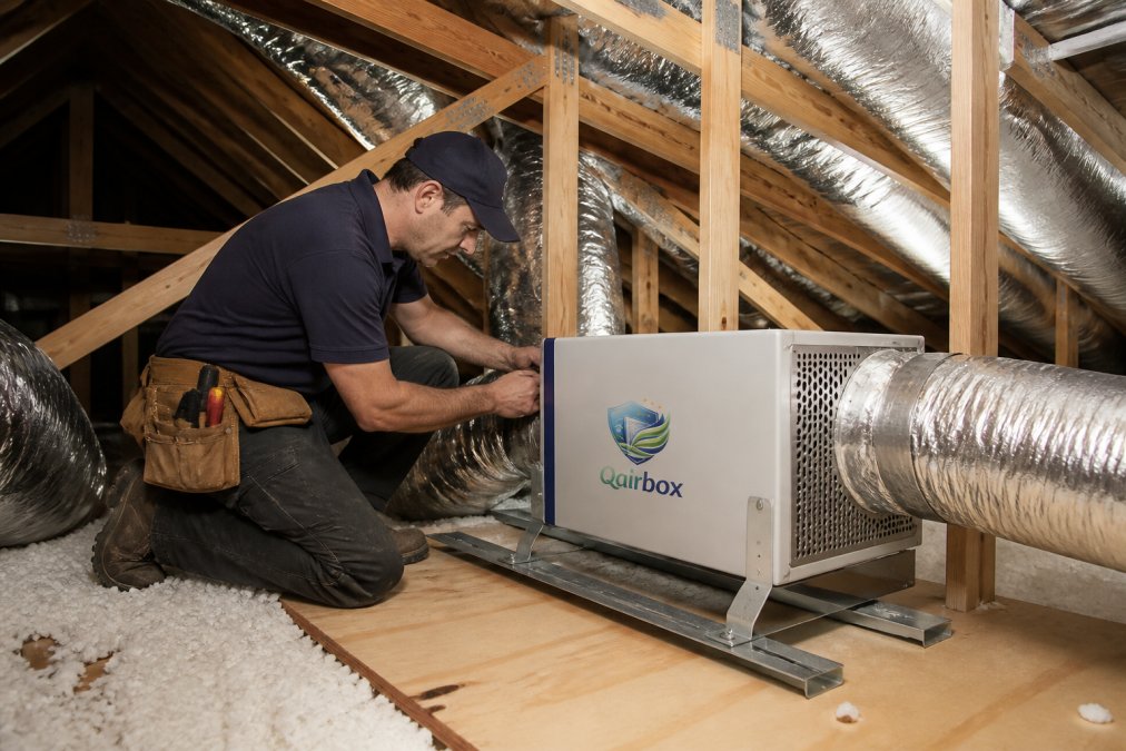 Professional HVAC technician installing equipment in clean attic space, demonstrating proper structural support and organized ductwork routing with modern equipment visible
