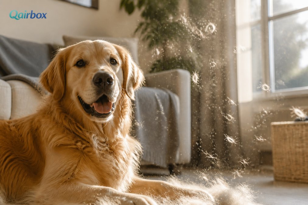 Close-up of a golden retriever shedding fur indoors with visible dust particles floating in natural sunlight streaming through a window