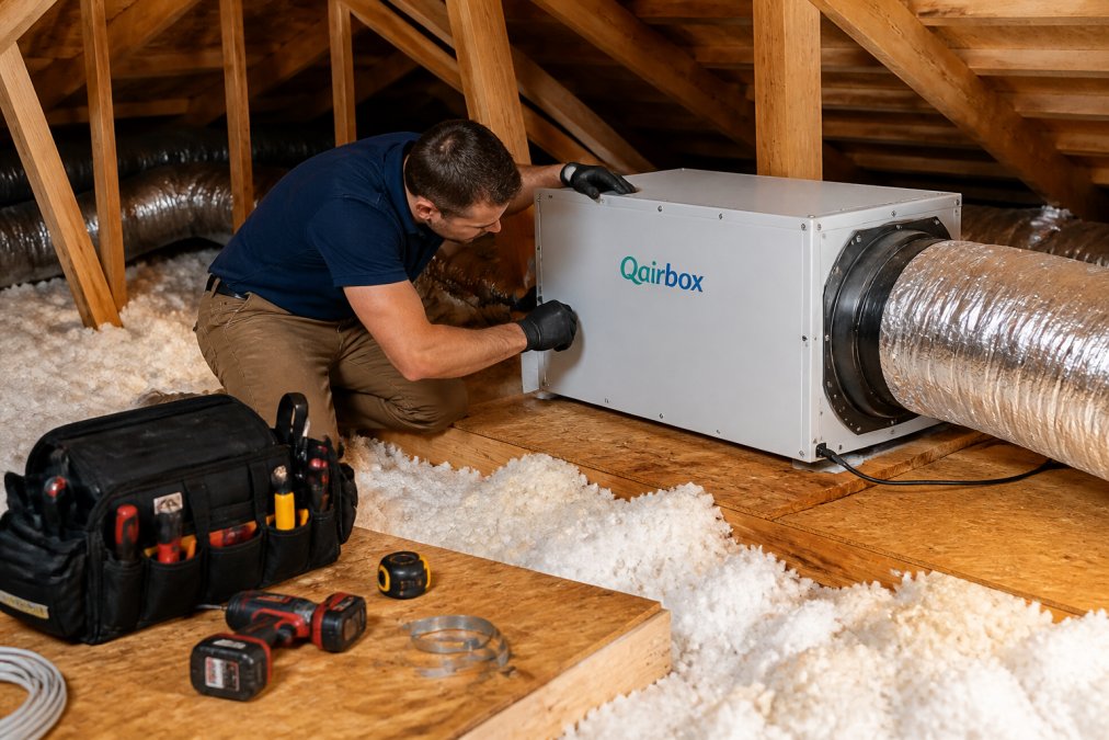 Professional technician in work gloves installing an attic-mounted air purification unit with visible ductwork and insulation in a residential attic space