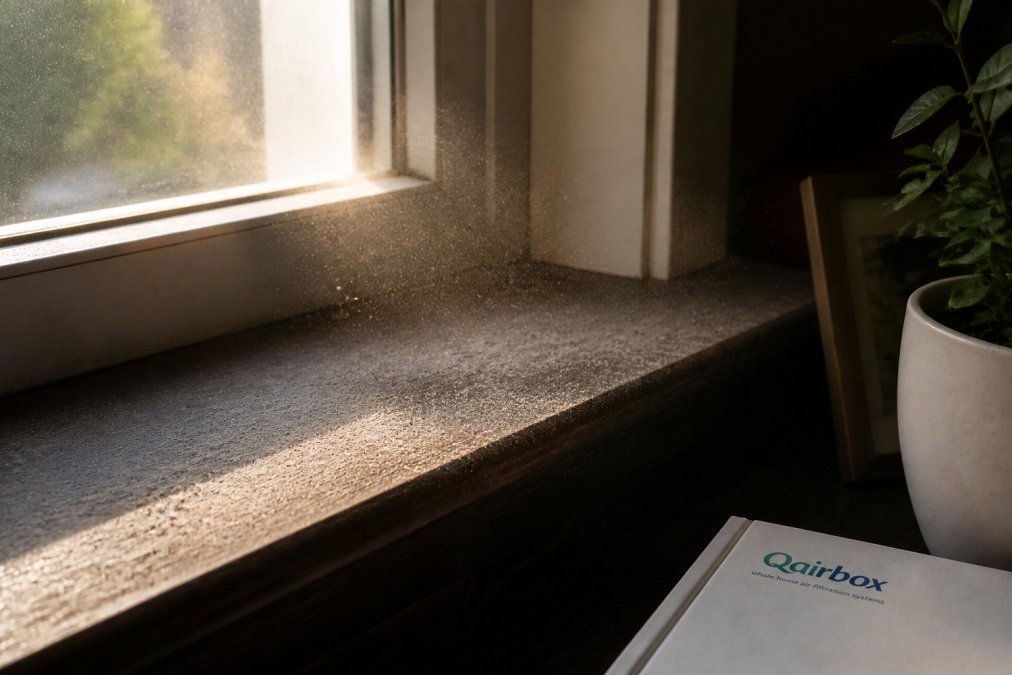 Close-up of a thick layer of dust on a dark wooden windowsill, with sunlight streaming through the window and visibly illuminating fine particles floating in the air