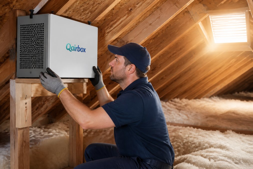 A professional installer in a clean, well-lit attic space mounting a compact, modern air purification unit near the roofline, with insulation visible and sunlight streaming through a vent