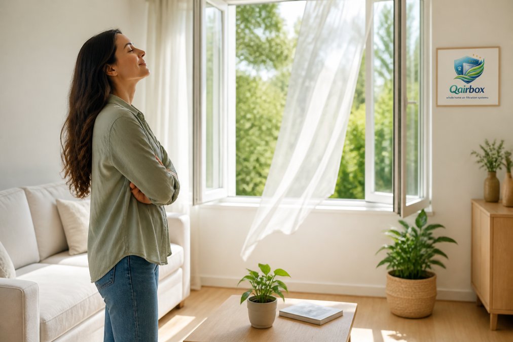 Homeowner standing in bright, modern living room with clean windows and fresh air flowing through the space, conveying comfort and wellness