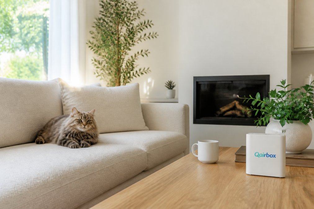 A clean, modern living room with a cat resting on a sofa, soft natural light coming through windows, no visible clutter, air visibly clear