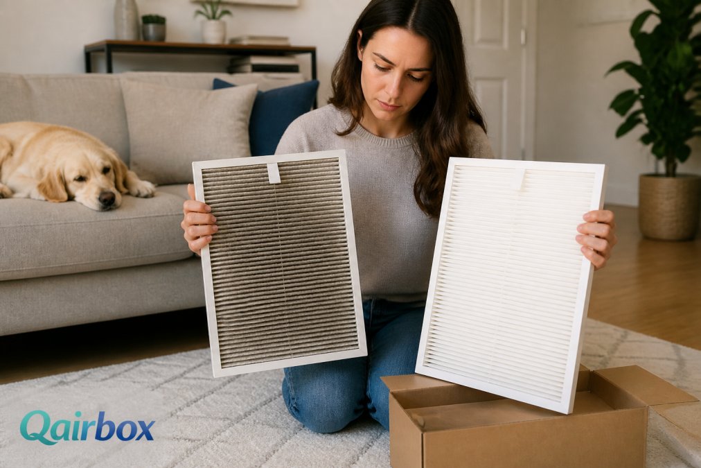 A homeowner in a bright living room holding a visibly gray, dust-loaded filter next to a freshly unboxed white replacement filter, with a dog resting on the sofa behind them