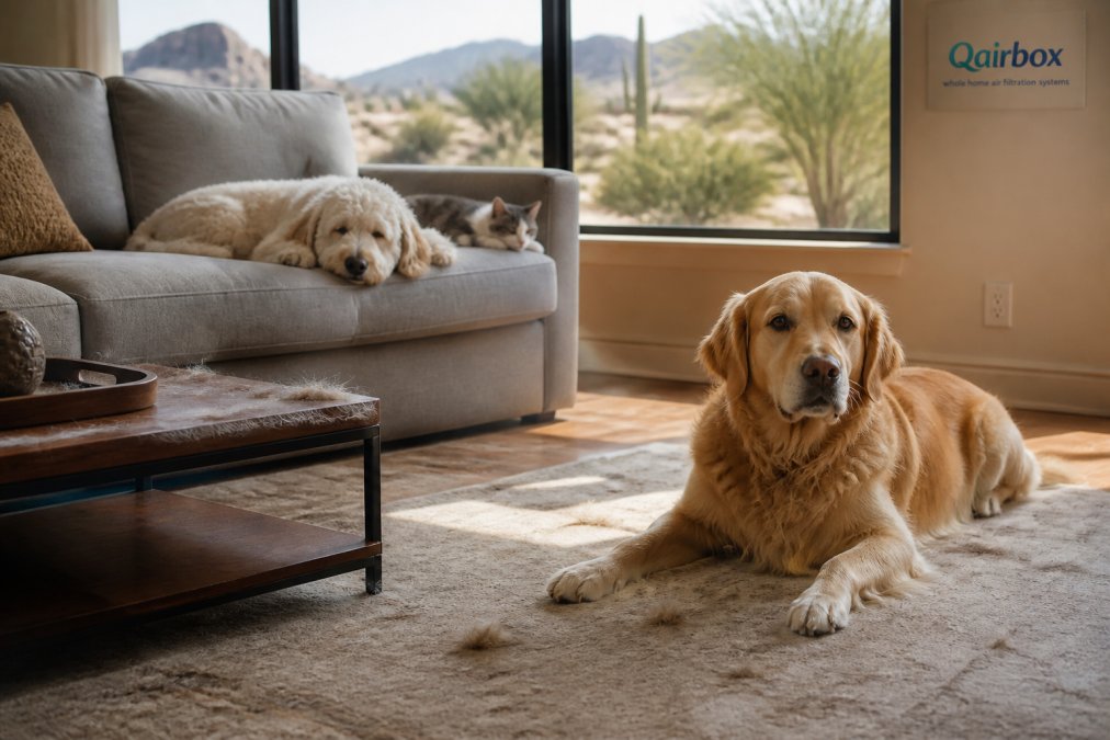 A living room in a desert home with two dogs and a cat resting on furniture, visible pet hair on a rug, sunlight streaming through large windows