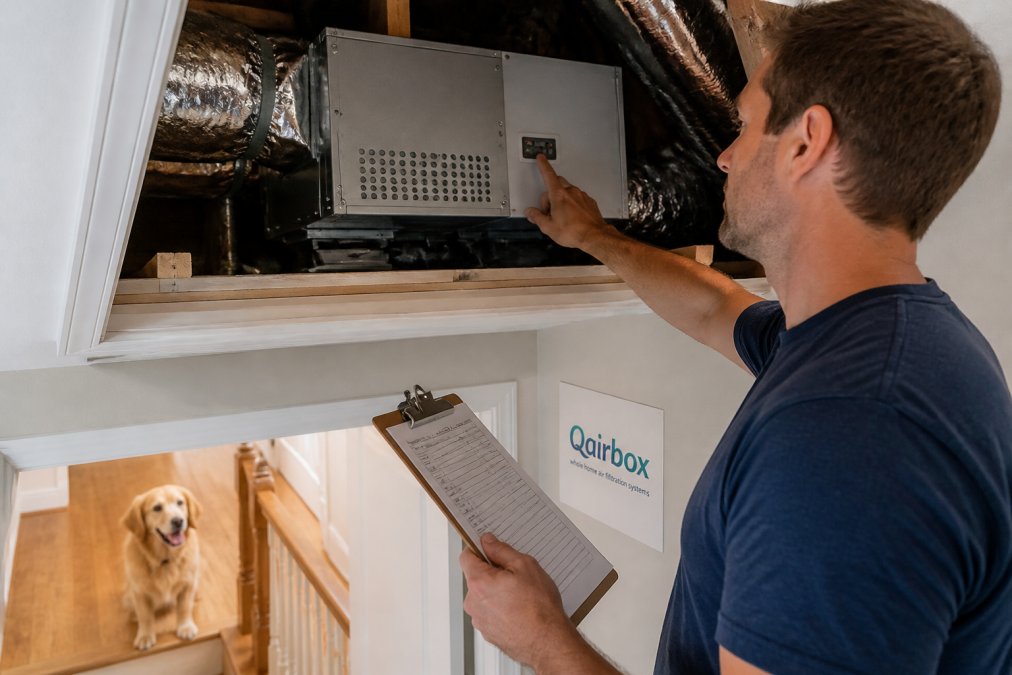 A homeowner in casual clothes checking a filter indicator panel on an attic-mounted air purification unit, clipboard in hand, with a golden retriever visible on the staircase below
