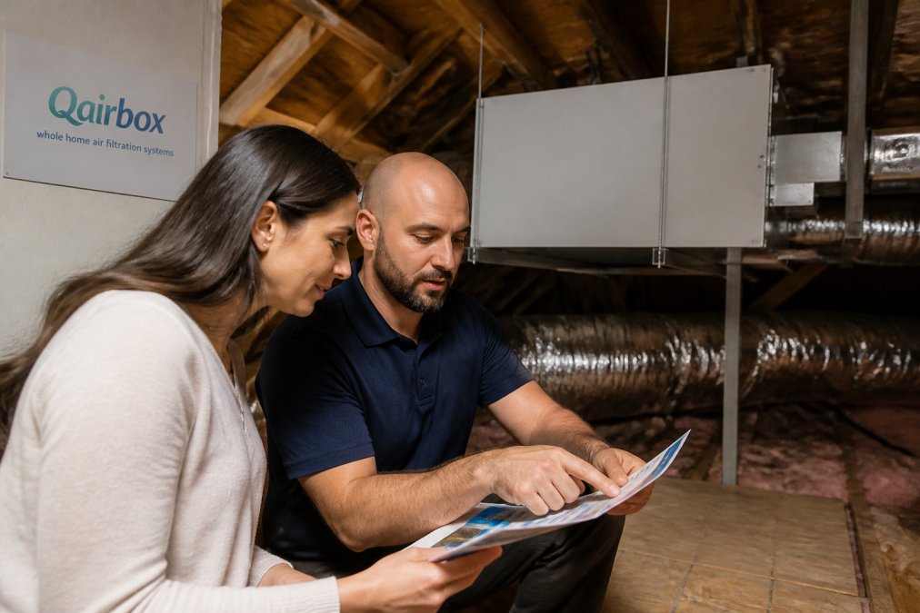 Homeowner reviewing whole-home air purification system installation documentation in attic space with professional technician, showing clean modern equipment mounted out of sight