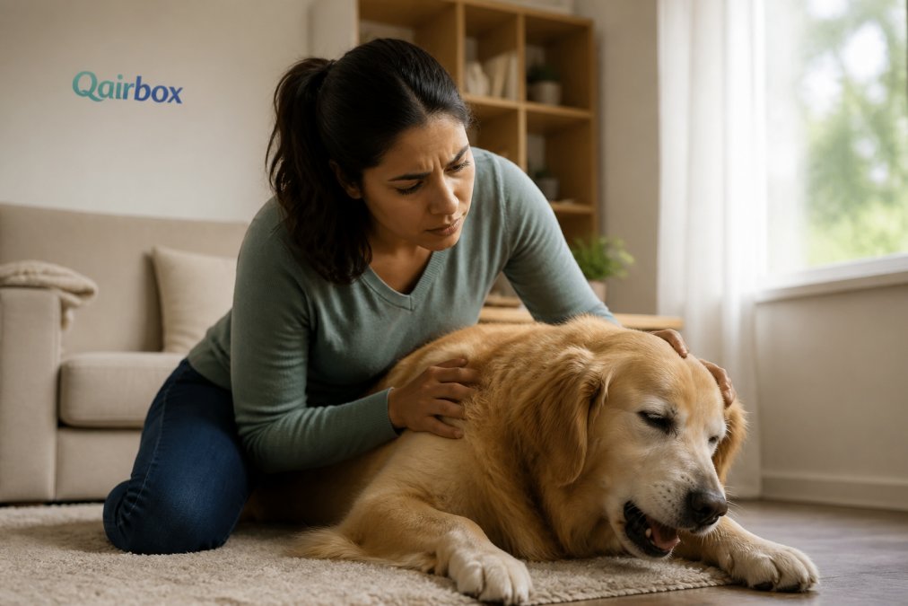 A concerned pet owner kneeling beside a coughing golden retriever on a living room rug, with a floor-level air device visible in the background and soft afternoon light through a window