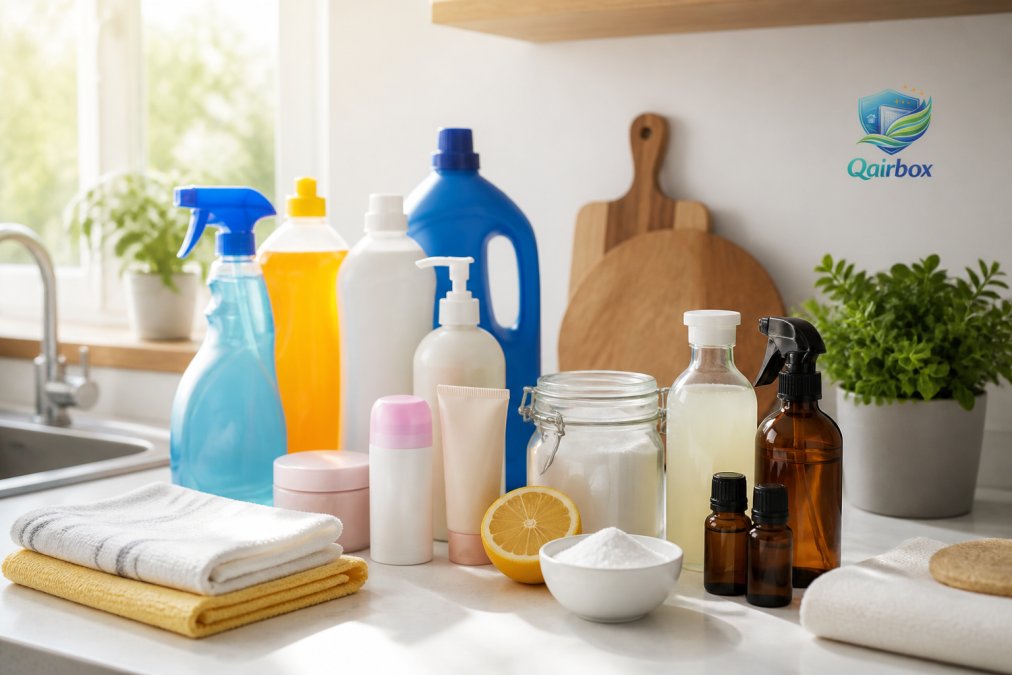 Cleaning products and natural alternatives like vinegar and baking soda to reduce household toxins to avoid.
