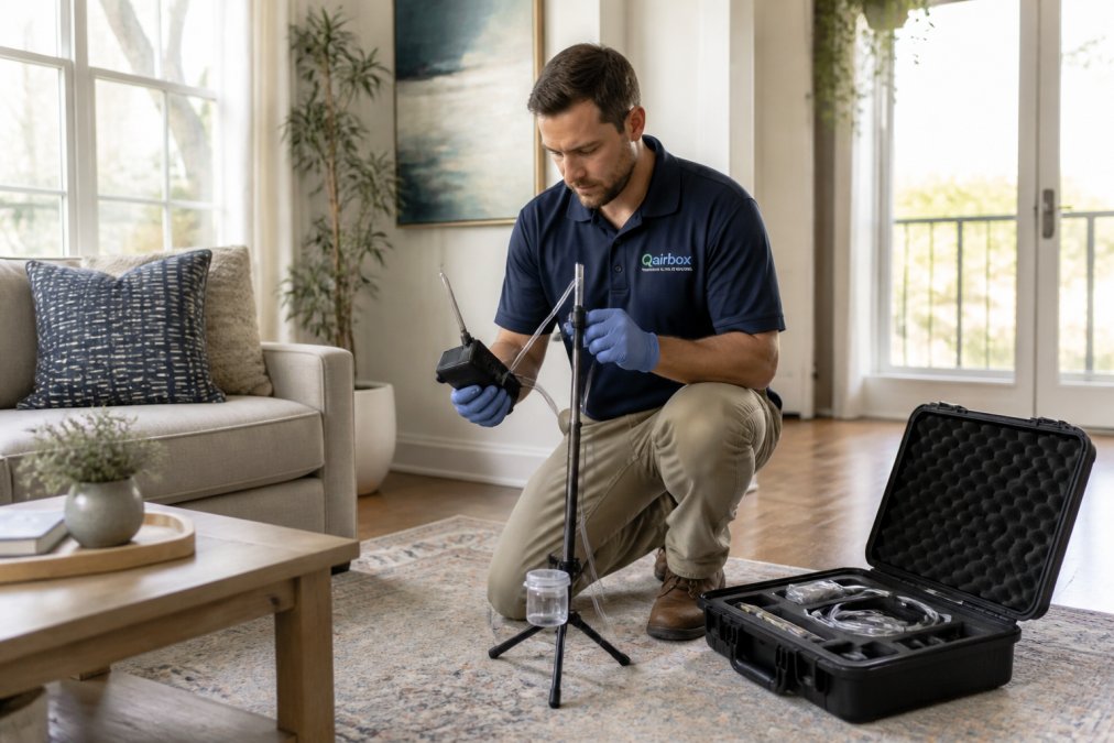 Professional air quality technician collecting samples using calibrated diagnostic equipment in a home's living space with natural lighting
