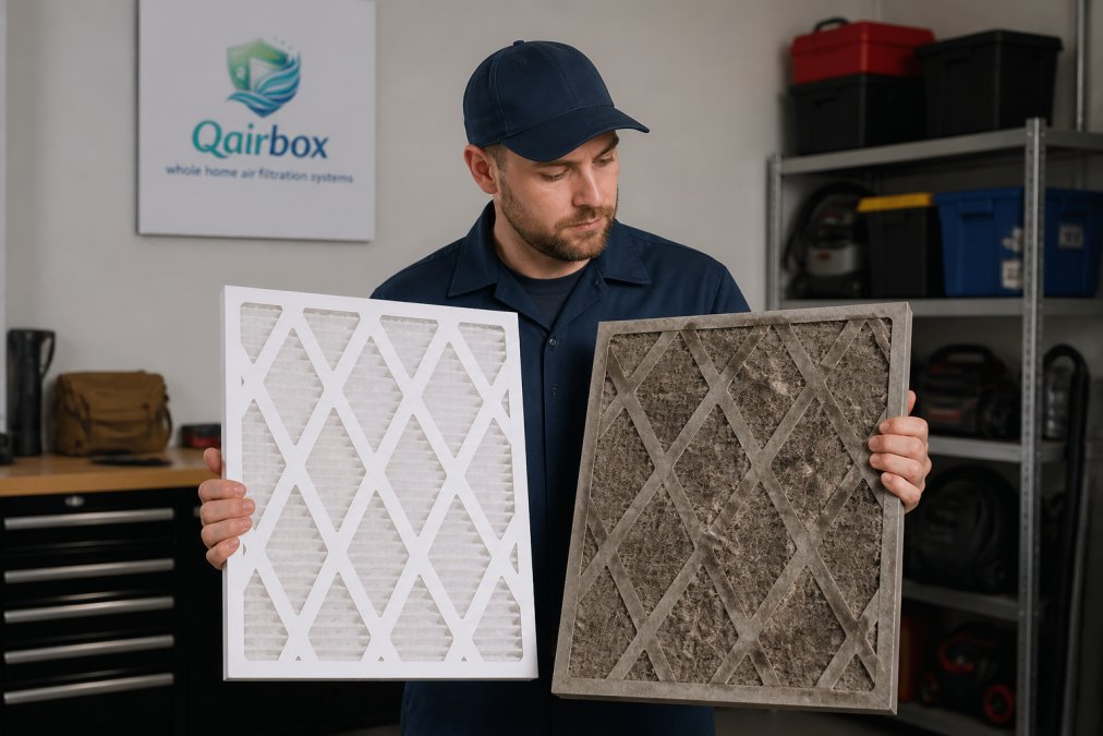 Professional technician holding a clean white HVAC filter next to a heavily soiled gray filter caked with dust and pet hair debris in bright workshop lighting