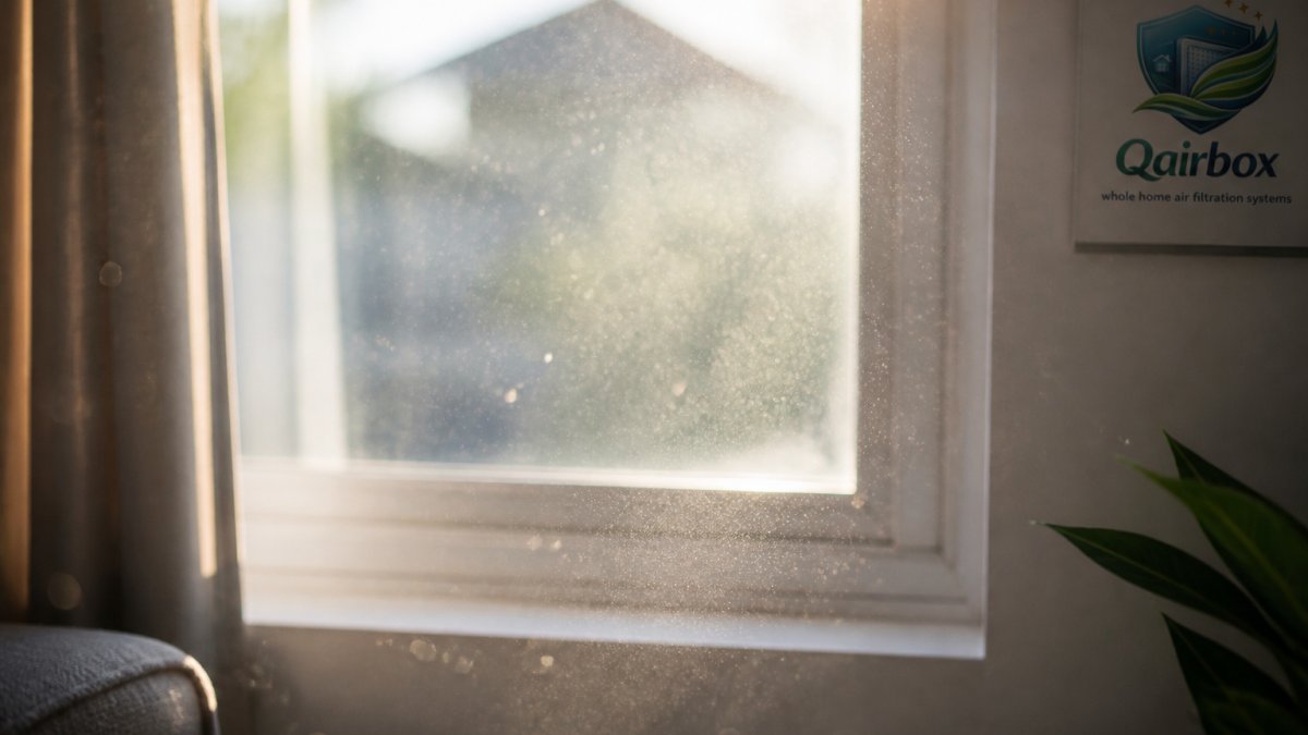 Close-up of dust particles and allergens floating in sunlight streaming through a home window, showing microscopic irritants suspended in the air