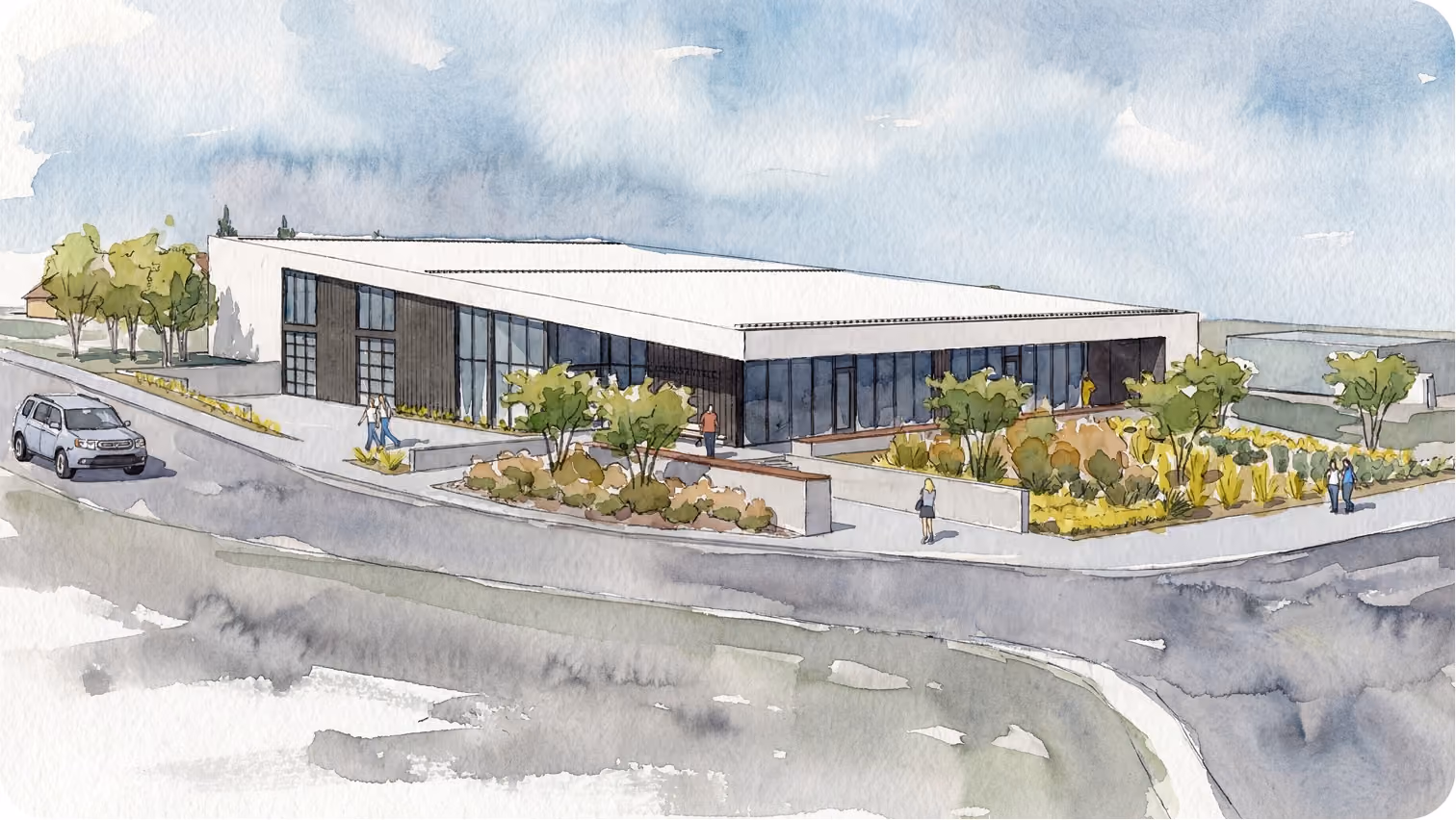Watercolour architectural render of the Regional Workforce Center from the street, showing the entrance, glazed frontage and landscaped forecourt