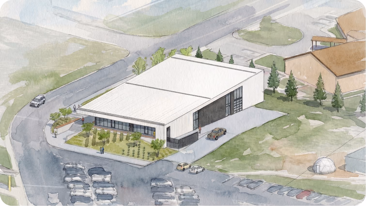 Aerial watercolour render of the Regional Workforce Center showing the building, parking and its position beside the existing school campus