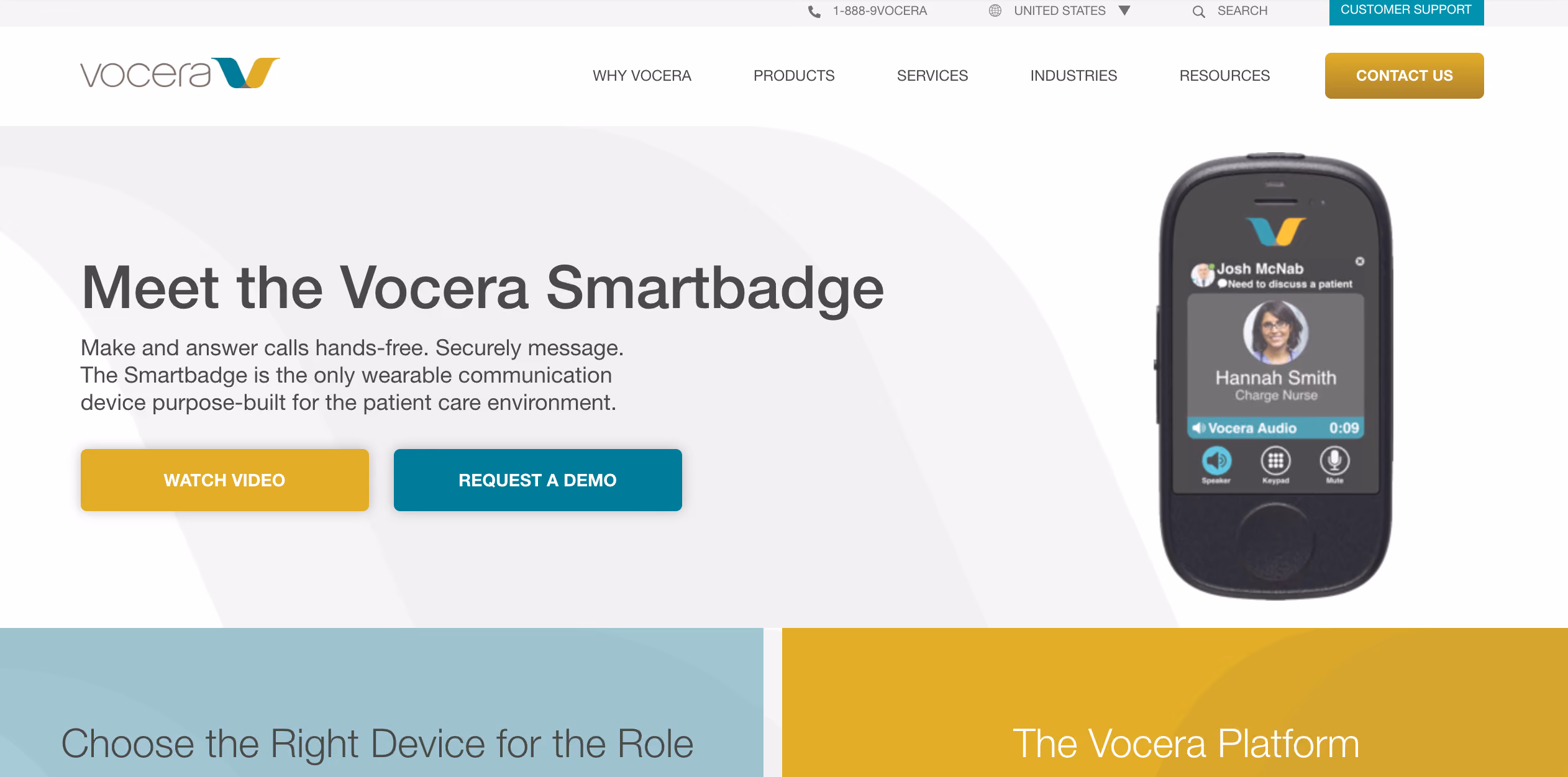 Vocera Smartbadge wearable communication device showing call interface with nurse's photo and controls.
