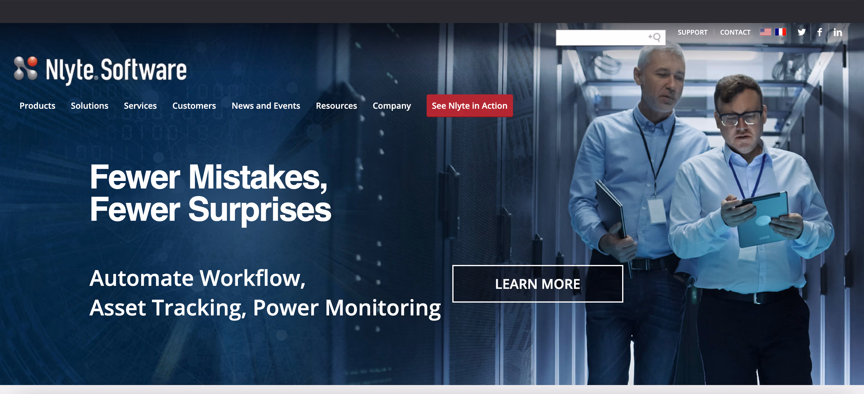 Two men in a data center corridor, one using a tablet, the other holding a folder, next to text about automation.
