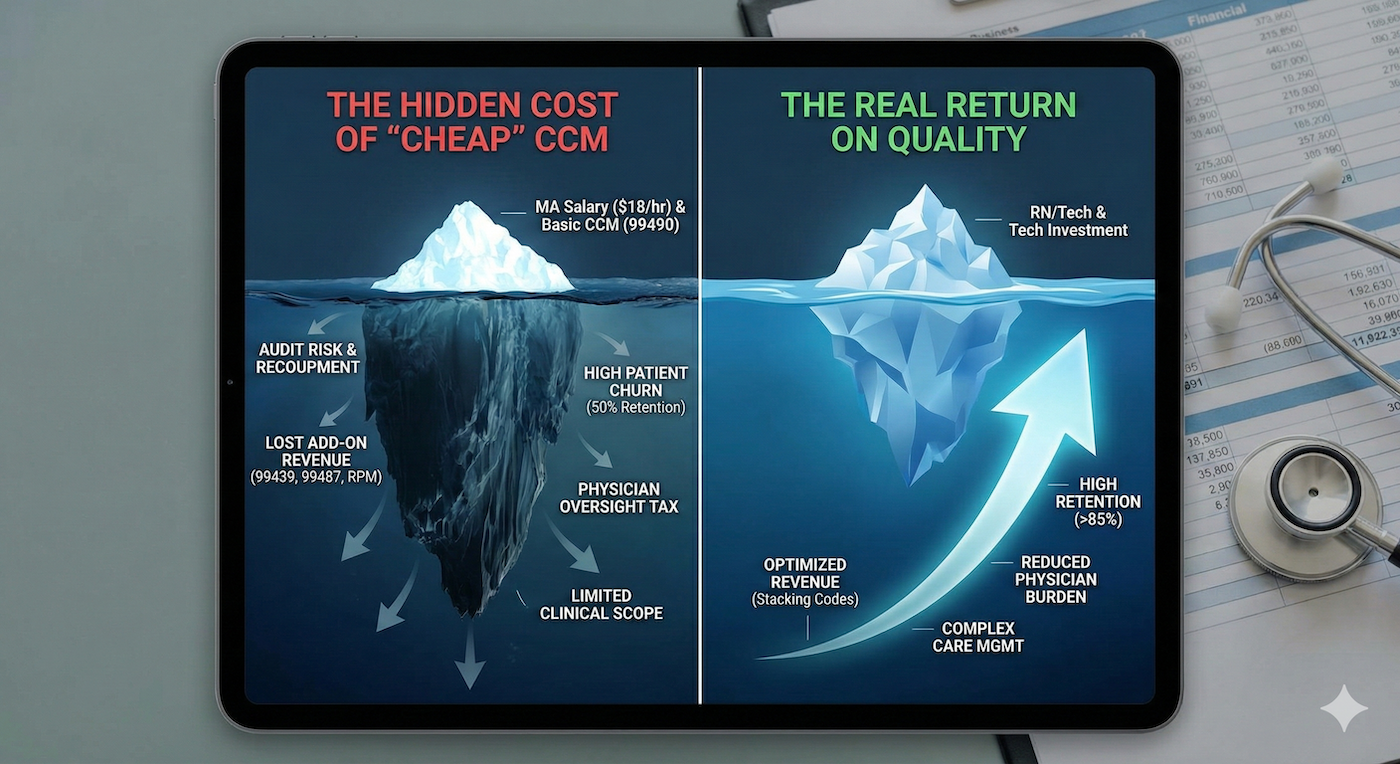 Hiring a cheap MA to run your CCM program looks like a smart move on paper. But when you factor in audit risk, missed code stacking, patient attrition, physician oversight time, and scope limitations, the "cheaper" option often costs more than doing it right.