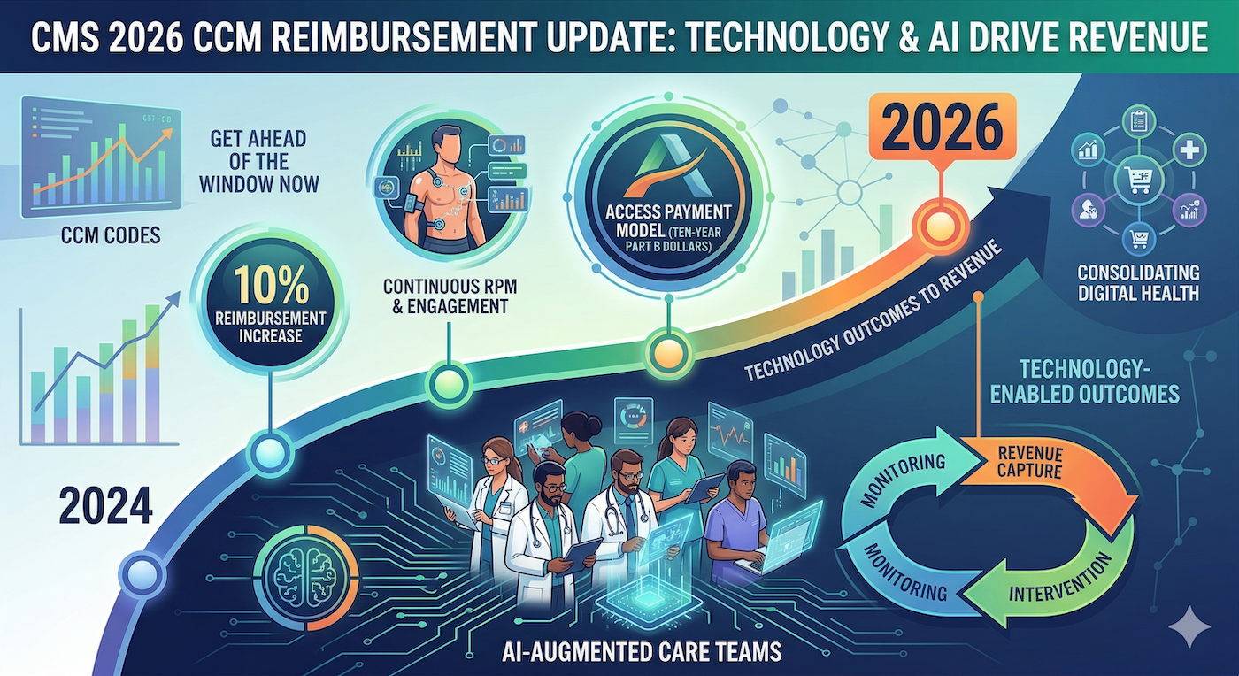 CMS is making three structural moves in 2026 that change the economics of chronic care management: a 10% reimbursement increase on all CCM codes, new RPM billing flexibility that rewards continuous patient engagement over episodic check-ins, and the launch of ACCESS -- a ten-year payment model that ties Medicare Part B dollars directly to technology-enabled outcomes. 