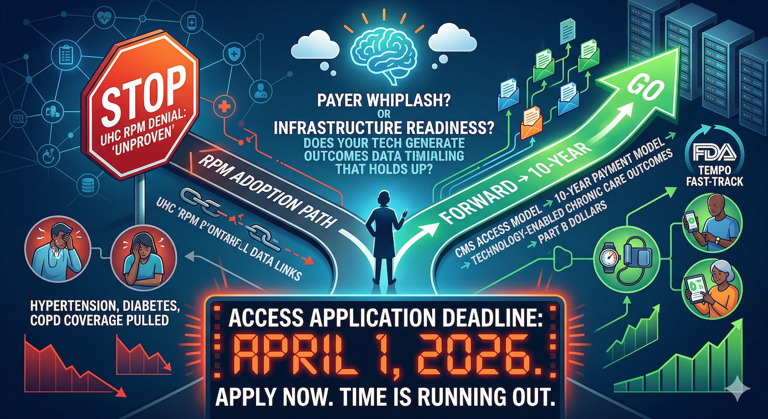 UnitedHealthcare is pulling RPM coverage for hypertension, diabetes, and COPD, calling it "unproven." At the same time, CMS is launching ACCESS -- a 10-year payment model that ties Medicare Part B dollars directly to technology-enabled chronic care outcomes -- and the FDA's TEMPO pilot is fast-tracking digital health devices to support it. The evidence overwhelmingly supports RPM. 