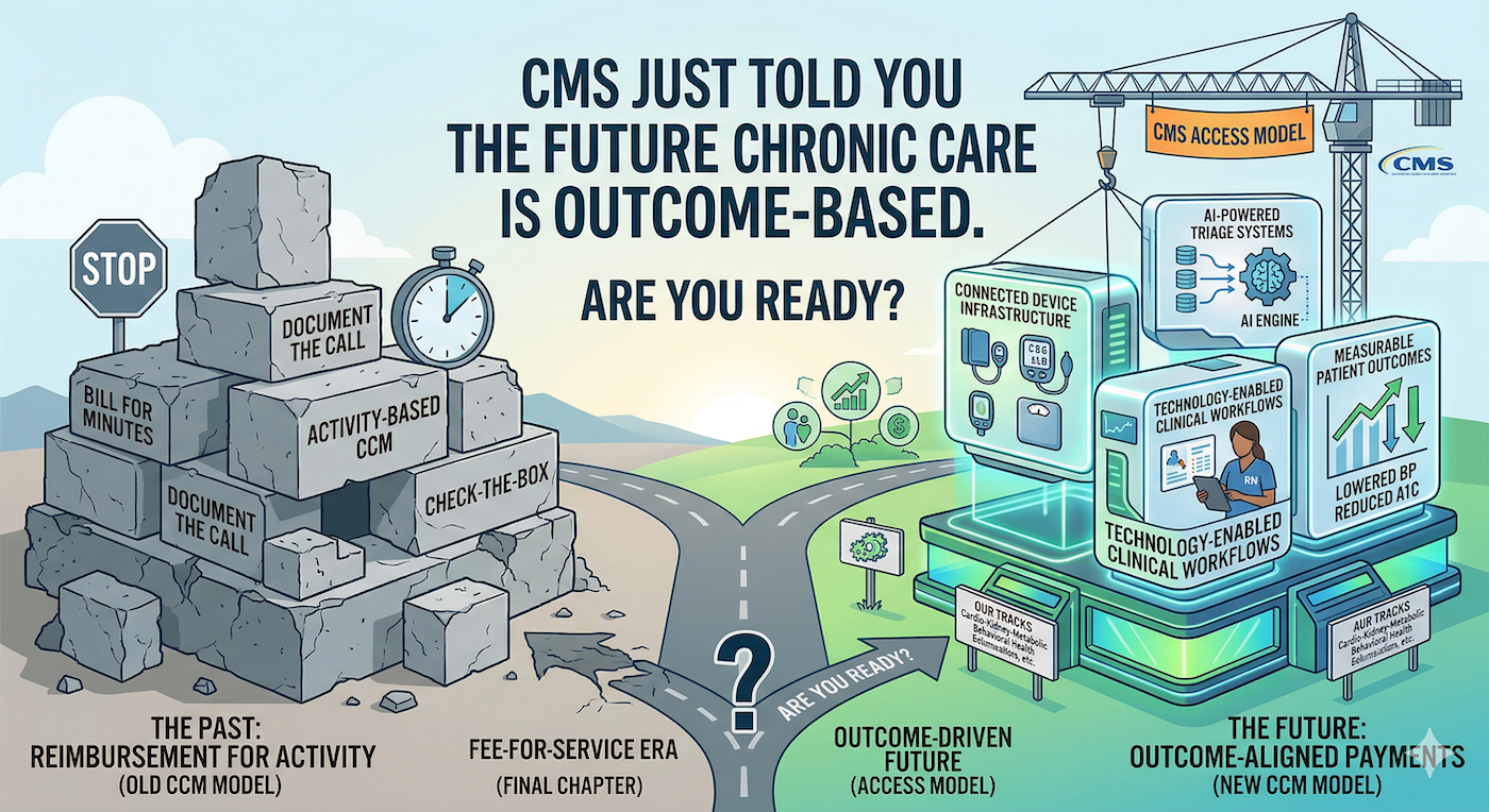 CMS's new ACCESS model, launching July 5, 2026, introduces outcome-aligned payments for technology-enabled chronic care management across conditions like hypertension, diabetes, chronic pain, and depression. This is a 10-year model that ties full reimbursement to measurable patient health outcomes, not just documented activities. 