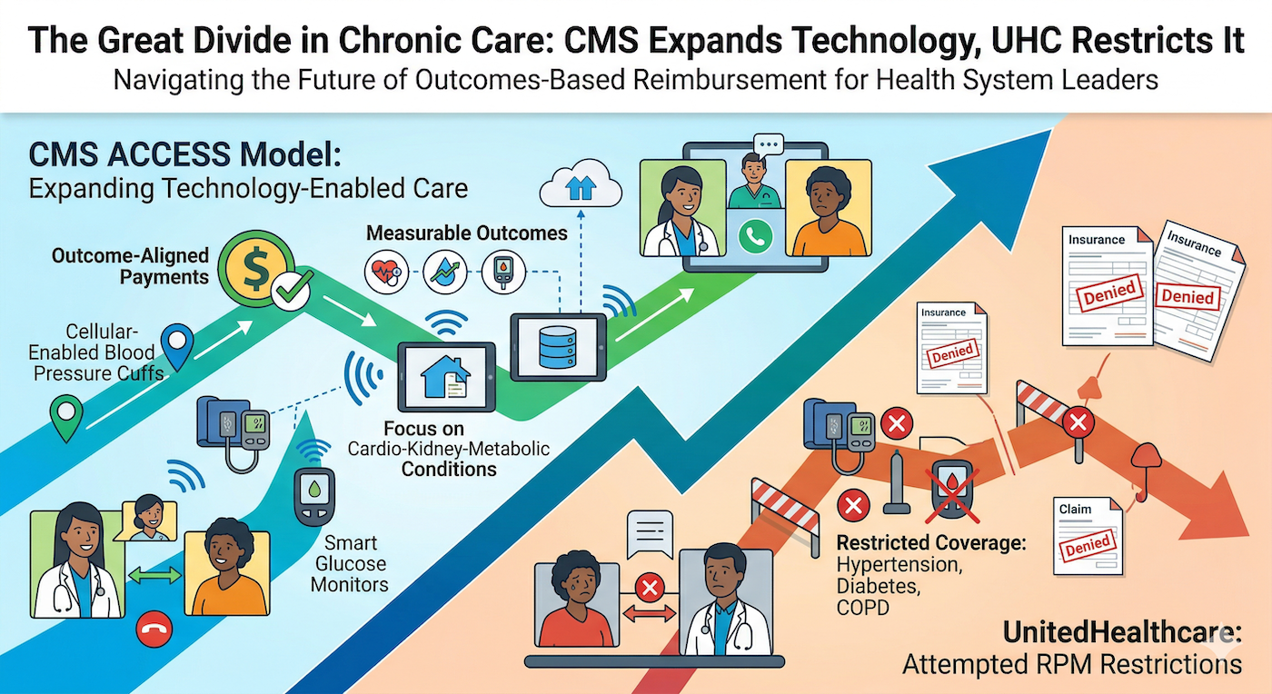 CMS is launching the ACCESS model in July 2026, a 10-year initiative that ties chronic care payments directly to measurable patient outcomes rather than time-based billing. At the same time, UnitedHealthcare tried to gut RPM coverage for chronic hypertension, diabetes, and COPD, only to postpone after industry backlash. These opposing moves create a defining moment for health system leaders. 