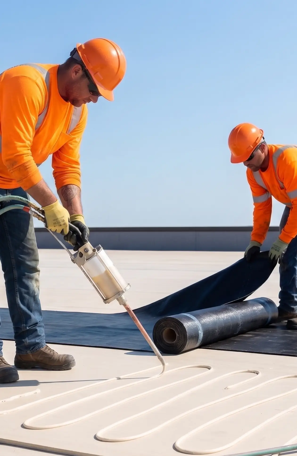 Two construction workers in orange safety gear apply cold adhesive and unroll roofing membrane on a flat roof under clear sky, illustrating clean installation.