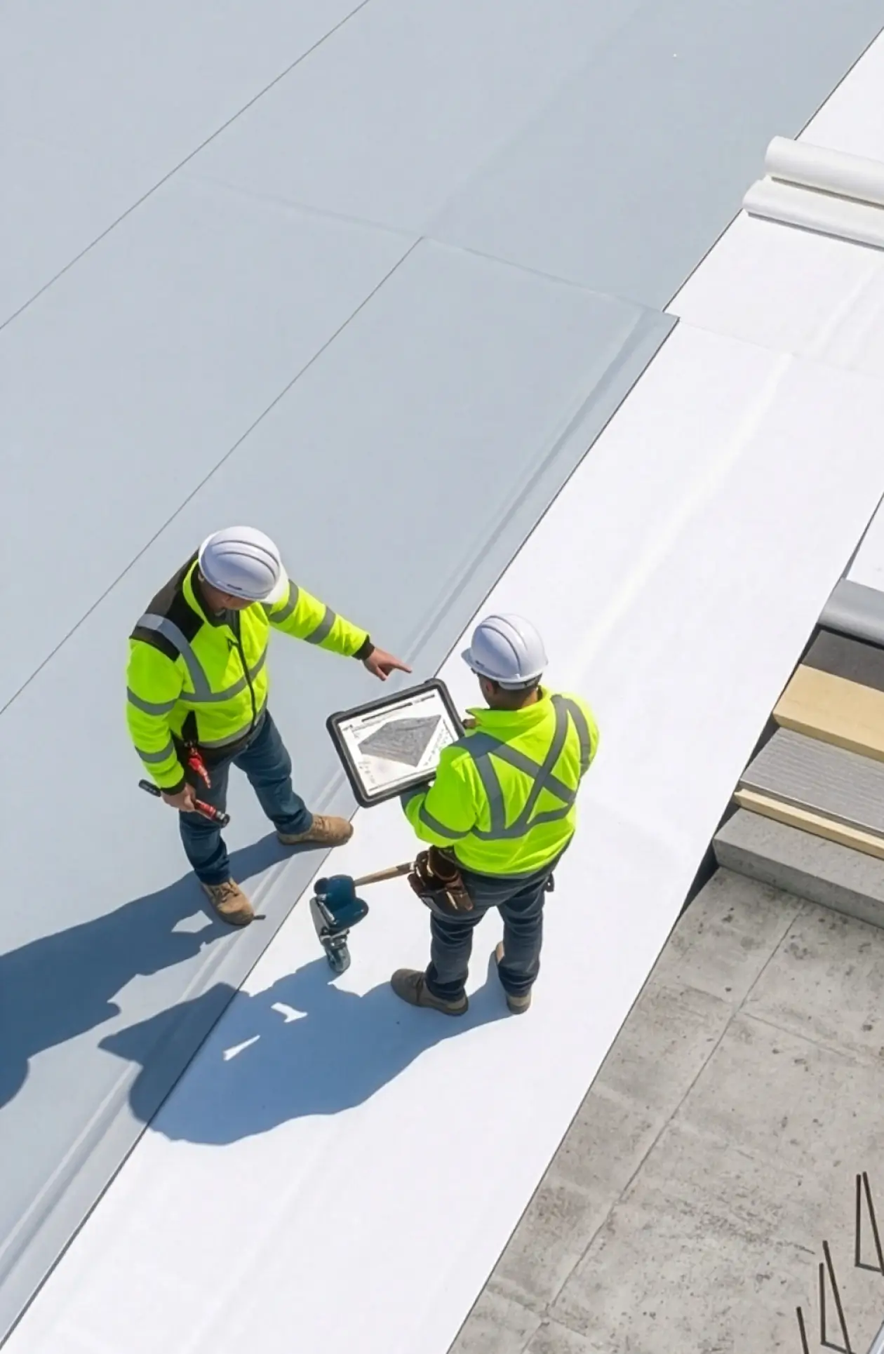 Two construction workers in high‑visibility jackets and hard hats review roof plans on a tablet while installing single‑ply membrane on a flat roof.