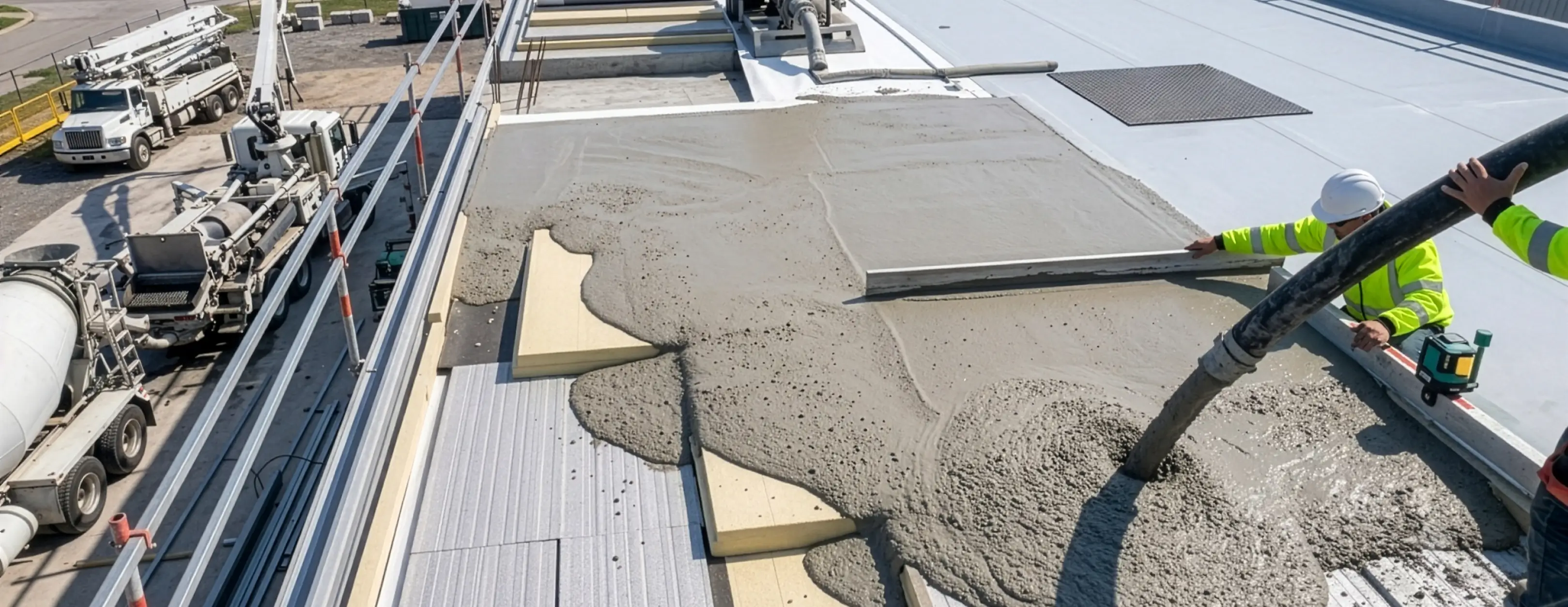 Construction workers in safety gear pour and level lightweight insulating concrete on a flat roof, showing durable substrate installation for commercial buildings.