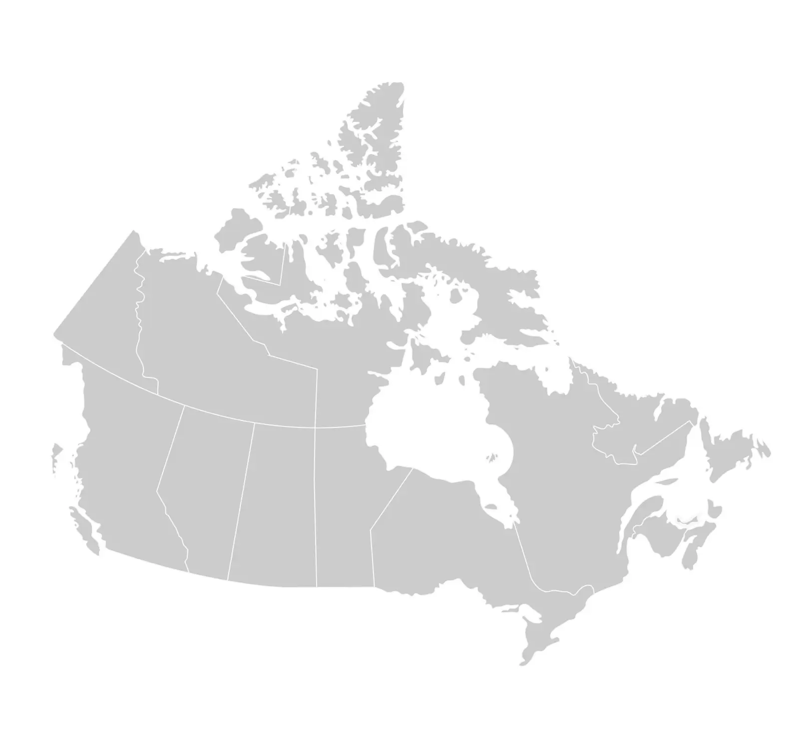 Simplified grey map of Canada showing provincial and territorial boundaries, representing nationwide commercial roofing coverage and service availability.