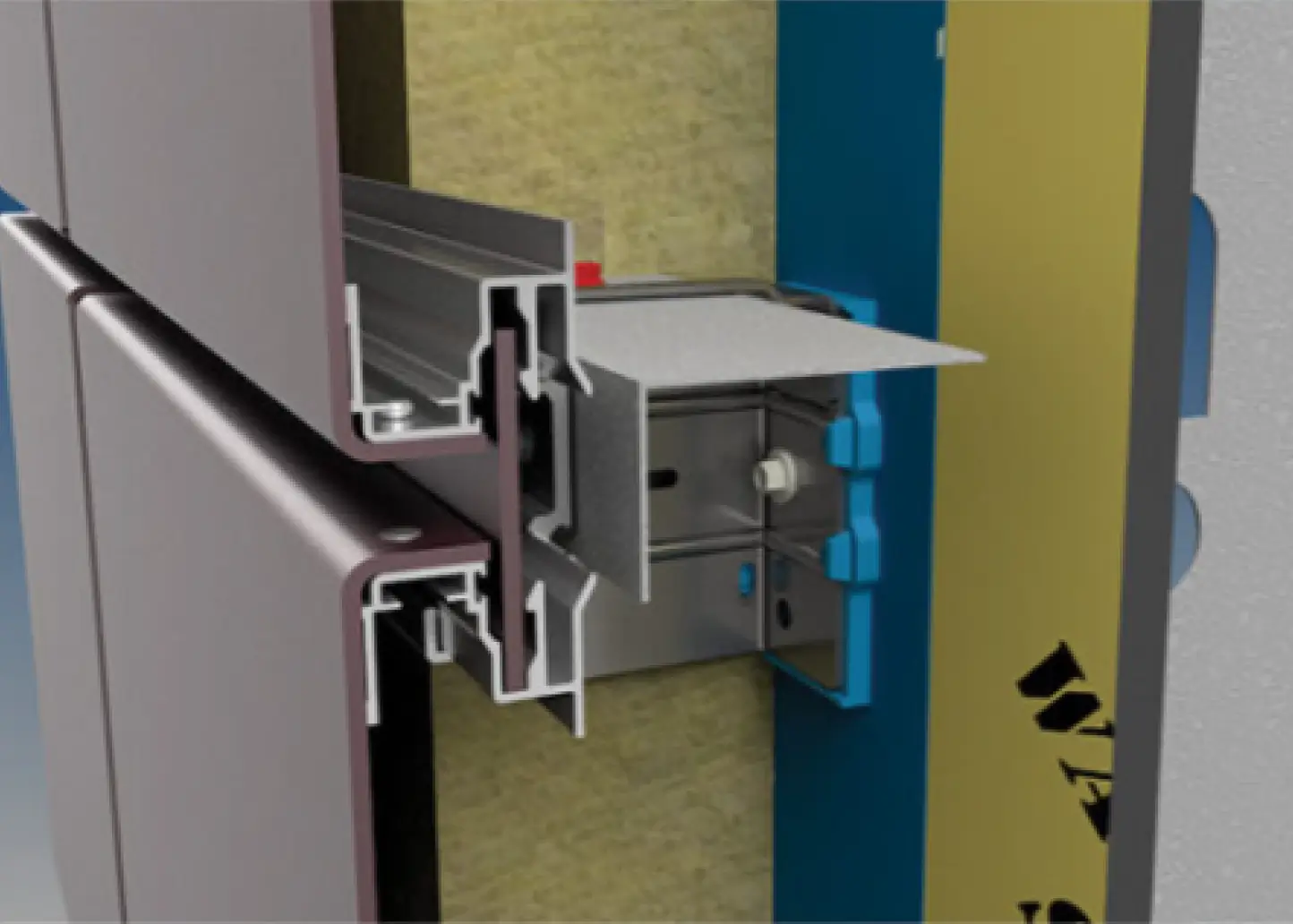 Cross-section detail of a thermal clip and rail support system showing exterior cladding, insulation, and reduced thermal bridging.