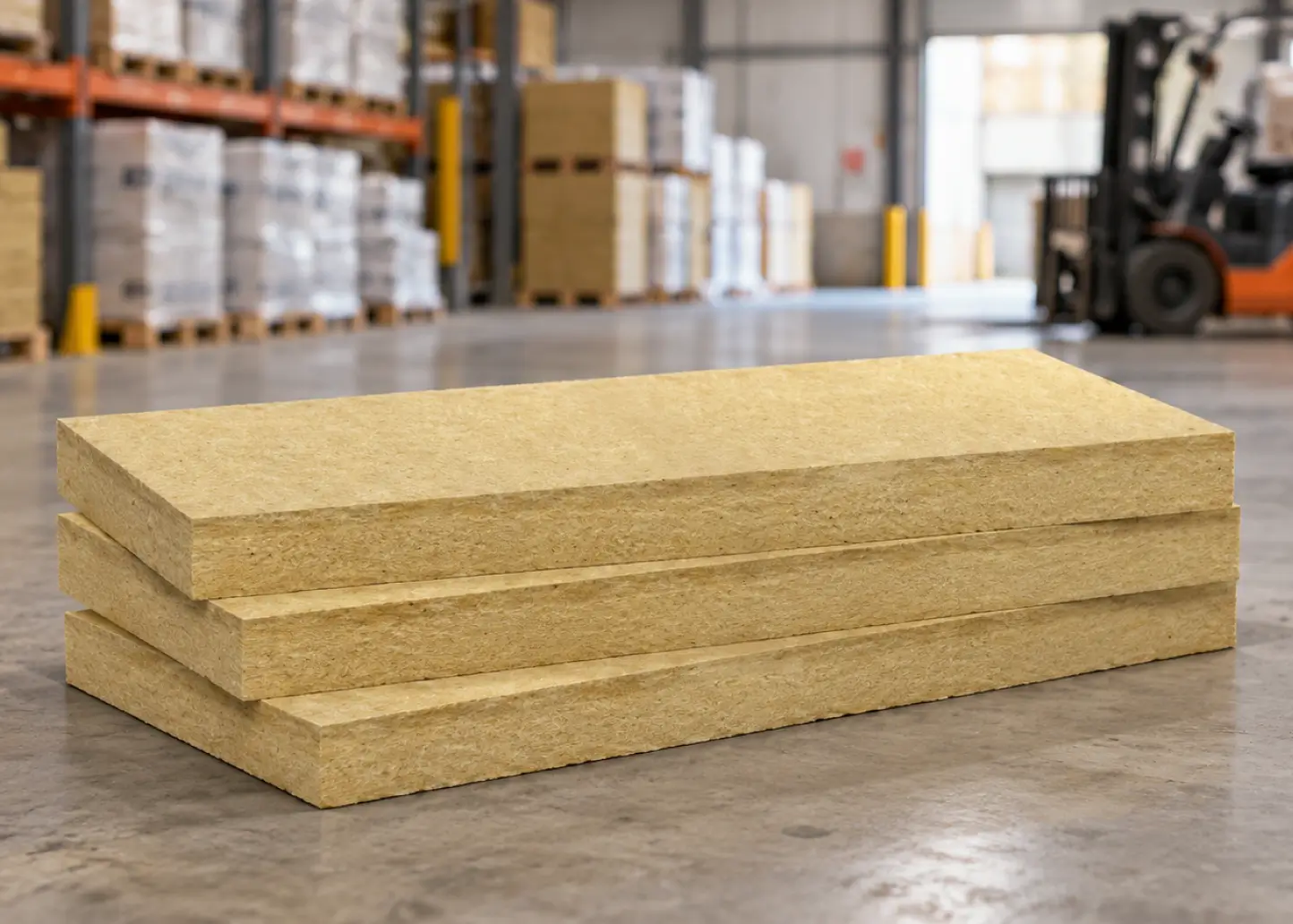 Rigid mineral wool insulation boards stacked in a warehouse, commonly used in exterior wall assemblies to improve thermal performance and fire resistance.