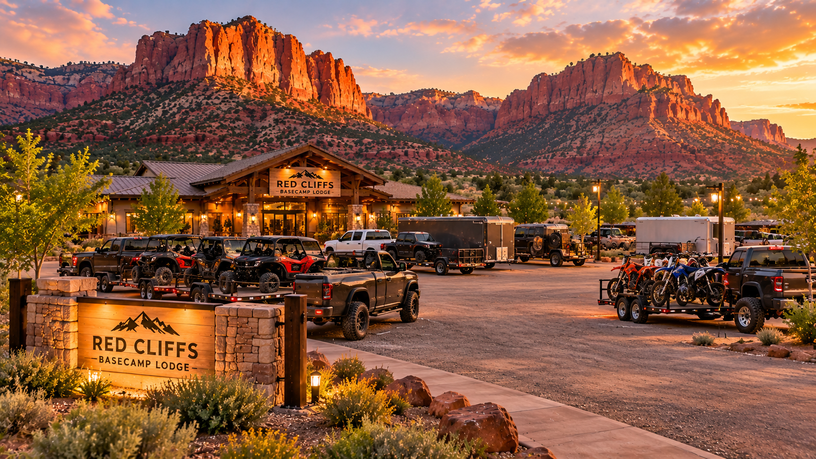 Trucks, trailers and UTVs parked at a lodge below red cliffs
