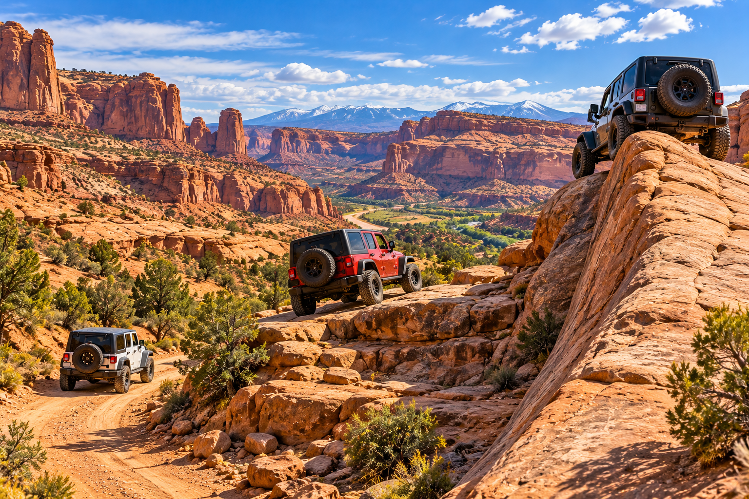Jeeps climbing slickrock above a Moab canyon
