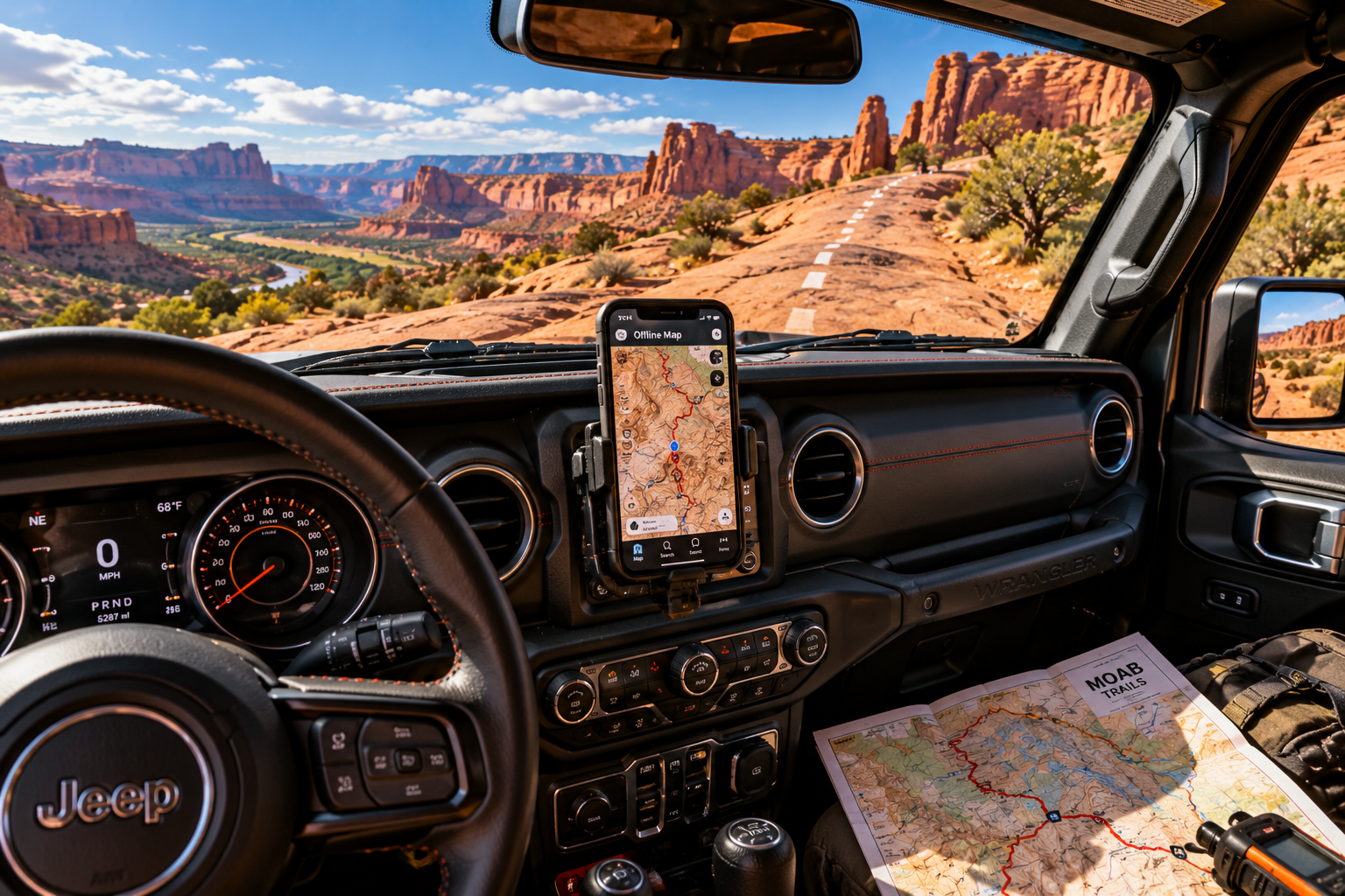 Phone with an offline trail map mounted on a Jeep dashboard, Moab trail map on the seat