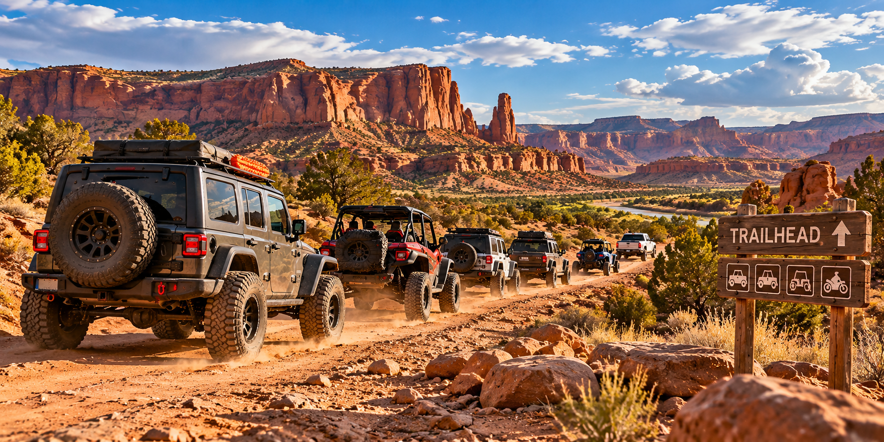 Line of off-road rigs heading out from a Moab trailhead below red rock cliffs
