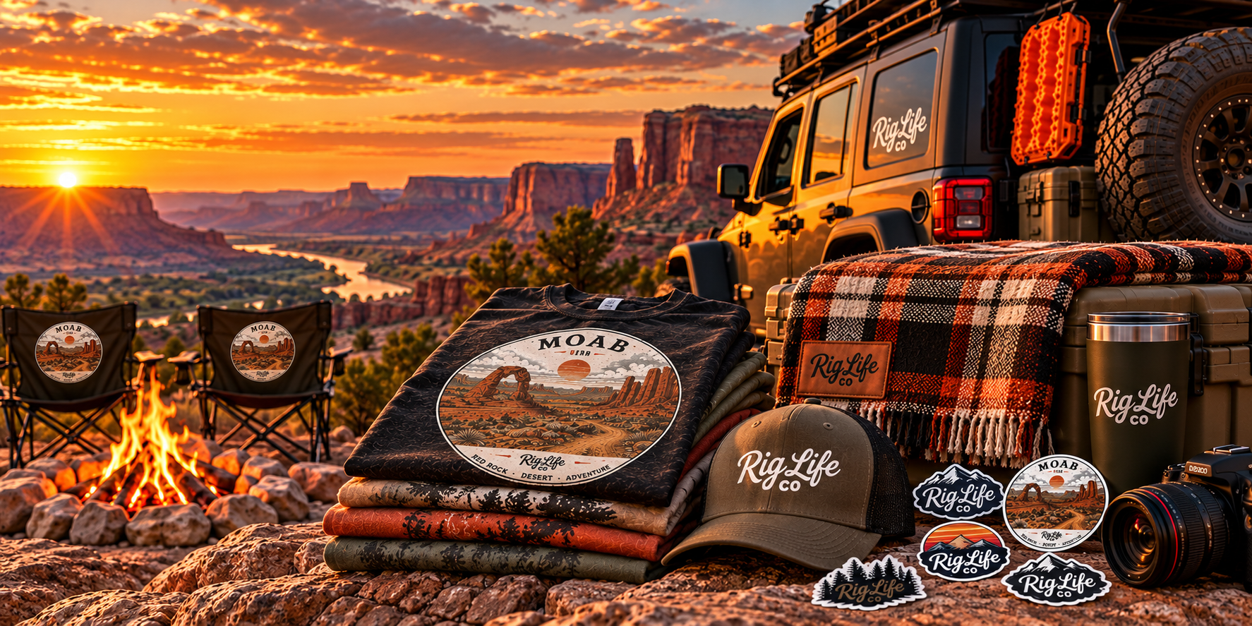 Rig Life tees, hat, blanket, tumbler and stickers laid out by a Jeep at sunset above a Moab canyon