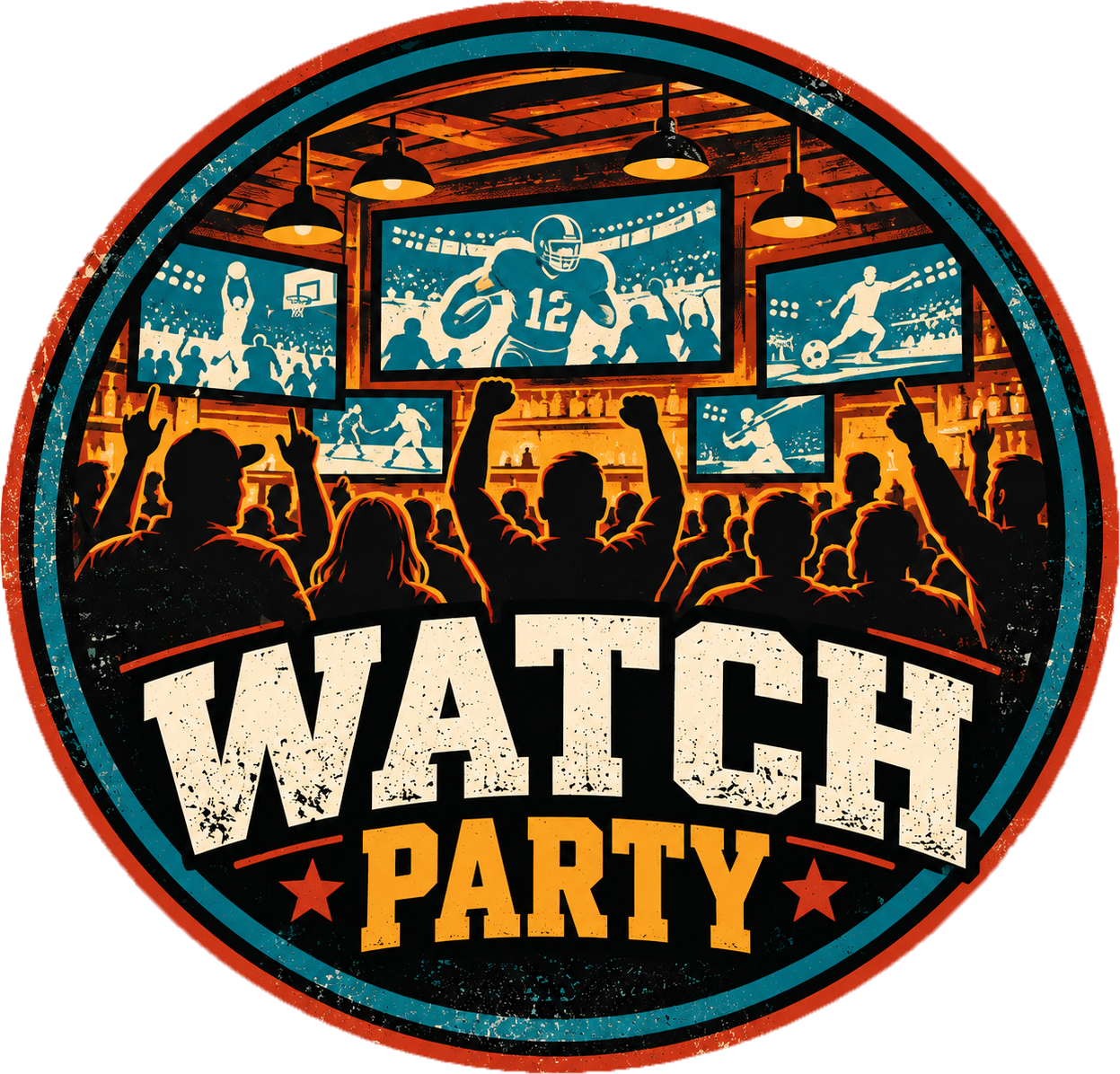 Watch Party badge: fans cheering in a sports bar full of TVs