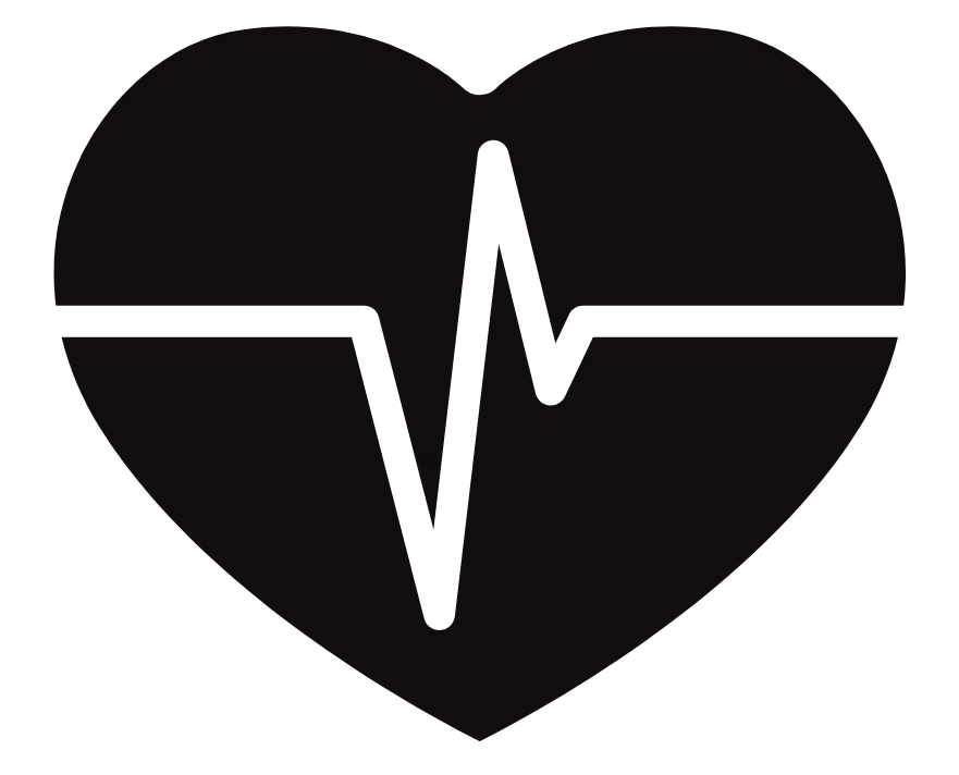 Black heart shape with an electrocardiogram pulse line across its center.