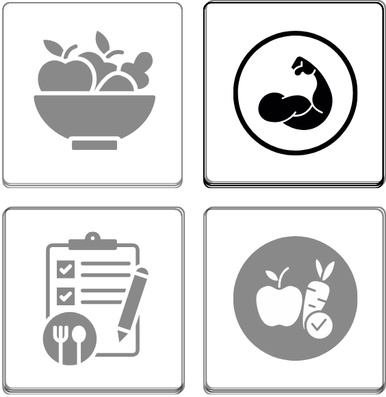 Simple icon of an apple and carrot with a checkmark on a black background.