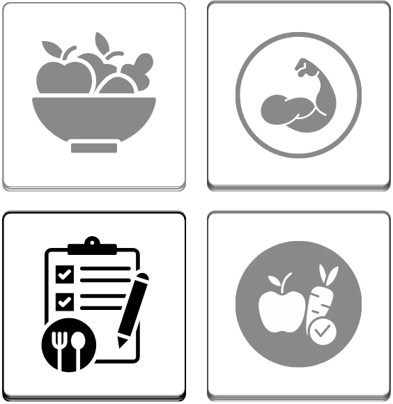 Icon of an apple and carrot with a checkmark symbol, representing healthy food.