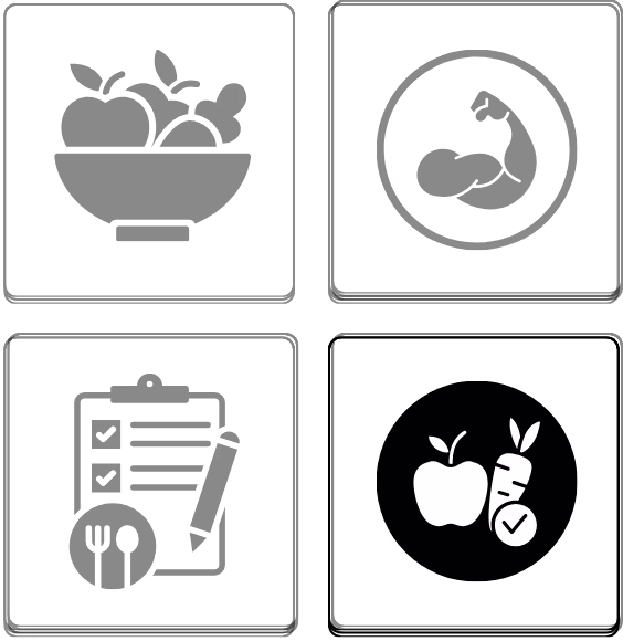 White icon of an apple and carrot with a checkmark on a black background.