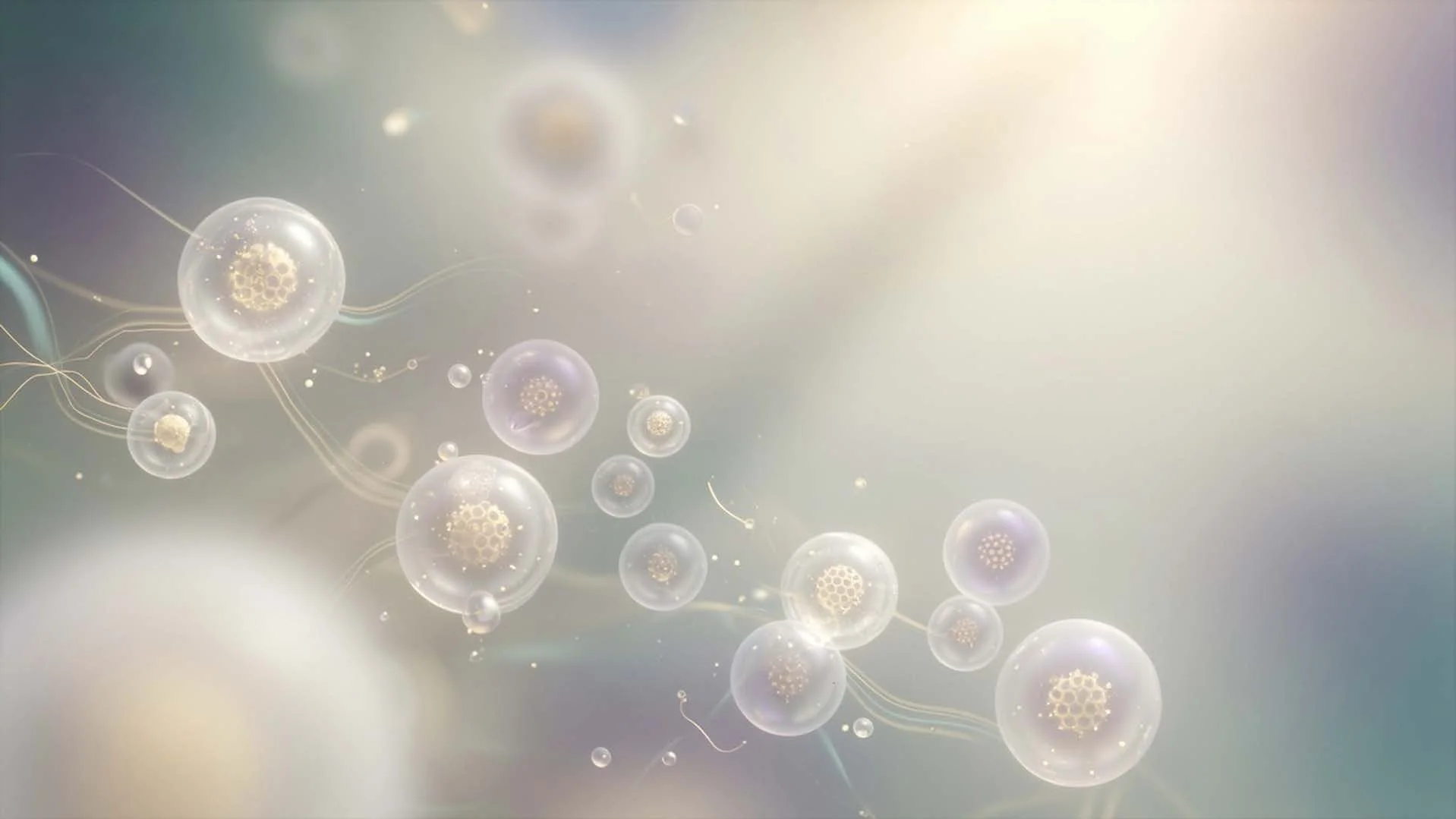 Translucent cell-like spheres drifting along fine golden threads