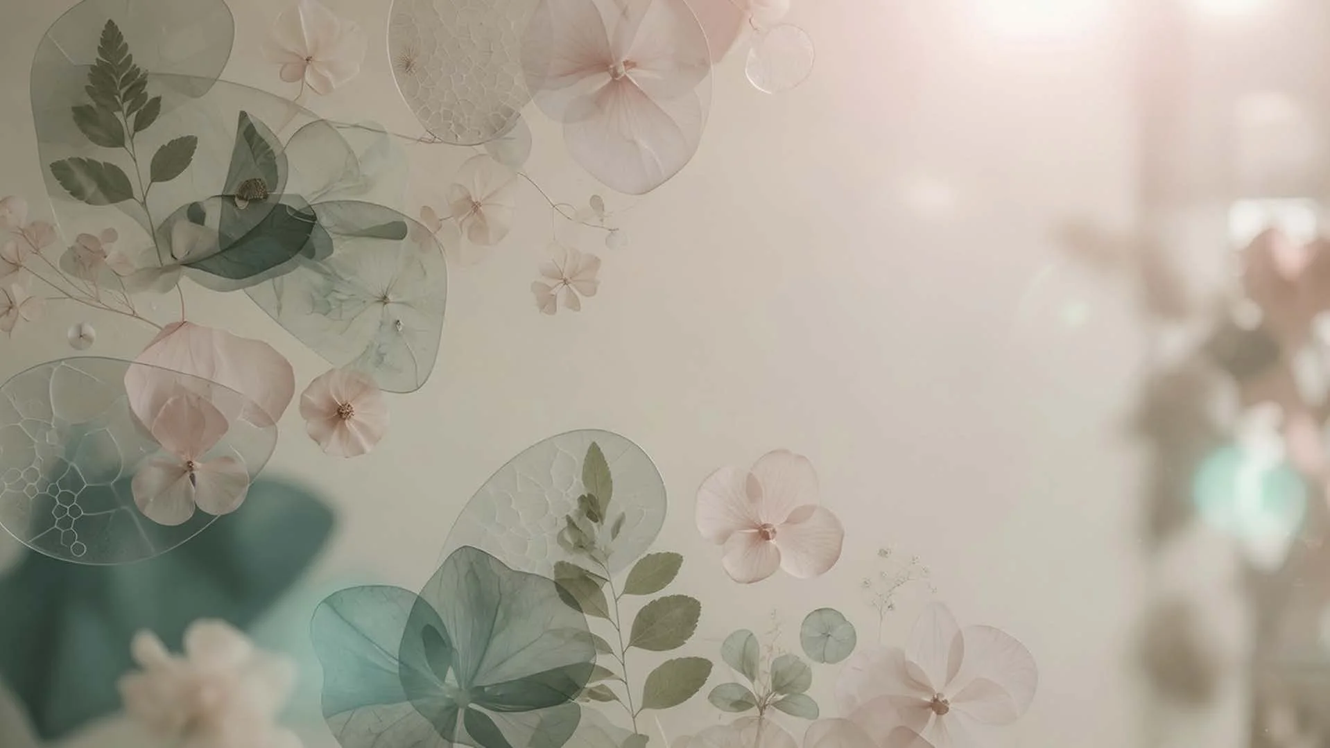 Translucent pressed flowers and leaves layered over a soft cream background