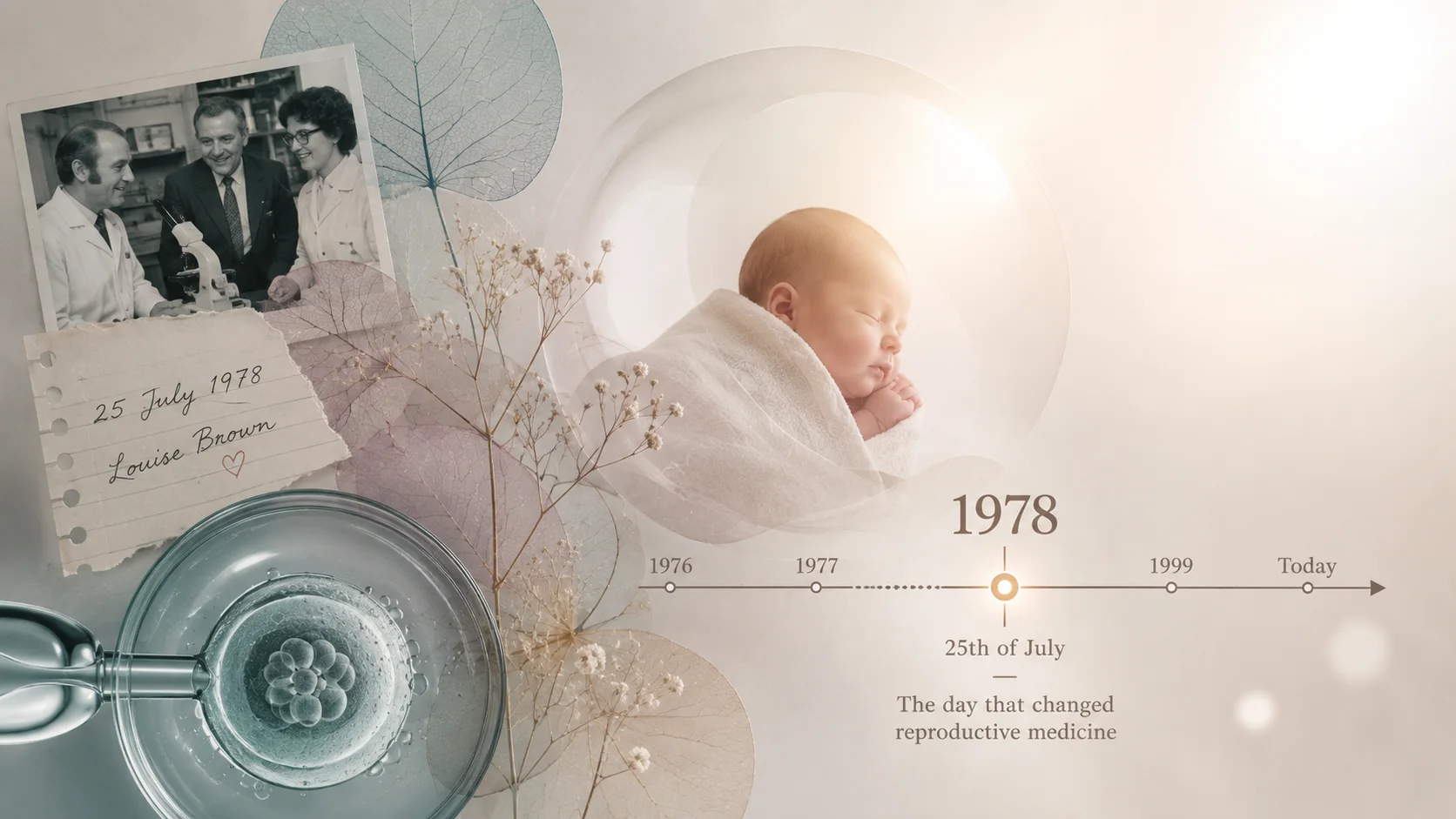 A collage marking 25 July 1978: an archival photograph of the IVF team at a microscope, a handwritten note reading Louise Brown, an early embryo in a laboratory dish, a sleeping newborn, and a timeline running from 1976 to today