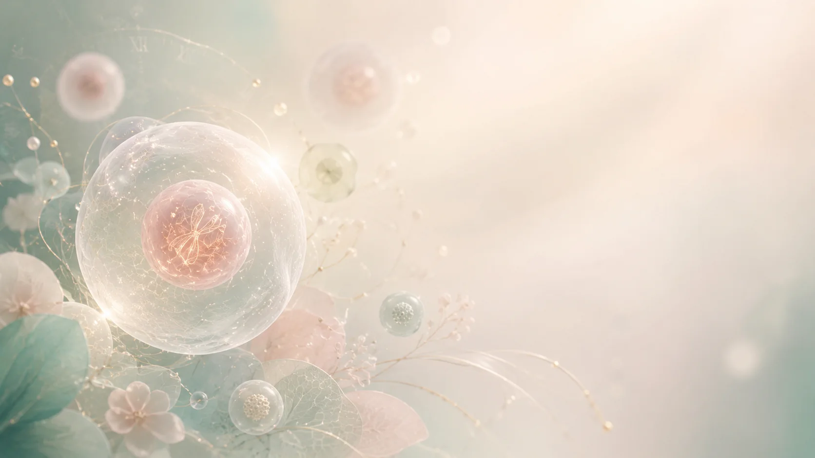 A single cell with a glowing nucleus, surrounded by translucent pressed flowers and leaves