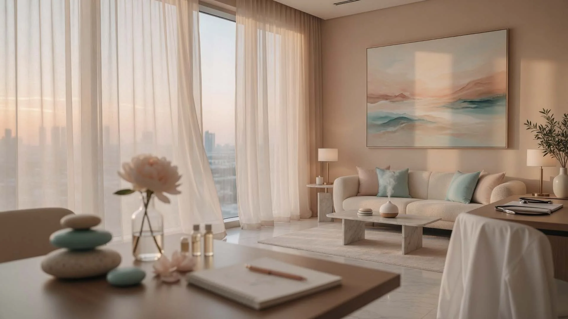 A calm, softly lit sitting room at dusk with sheer curtains, a peony and a notebook on the table, and a city skyline beyond the window.