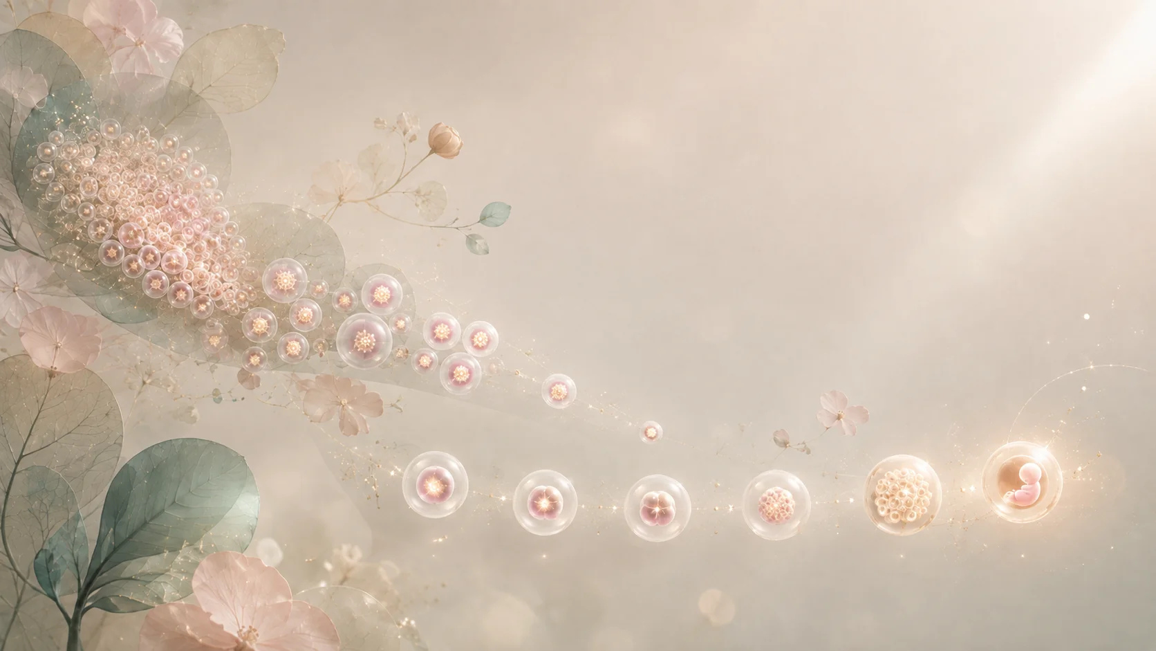 A dense cluster of tiny pearl-like follicles thinning into a scattered trail of single cells, ending in one glowing embryo, among translucent pressed flowers and leaves