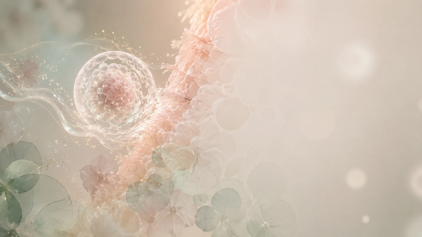 A blastocyst inside a translucent bubble drifting towards a soft pink tissue surface, surrounded by translucent pressed hydrangea petals and leaves