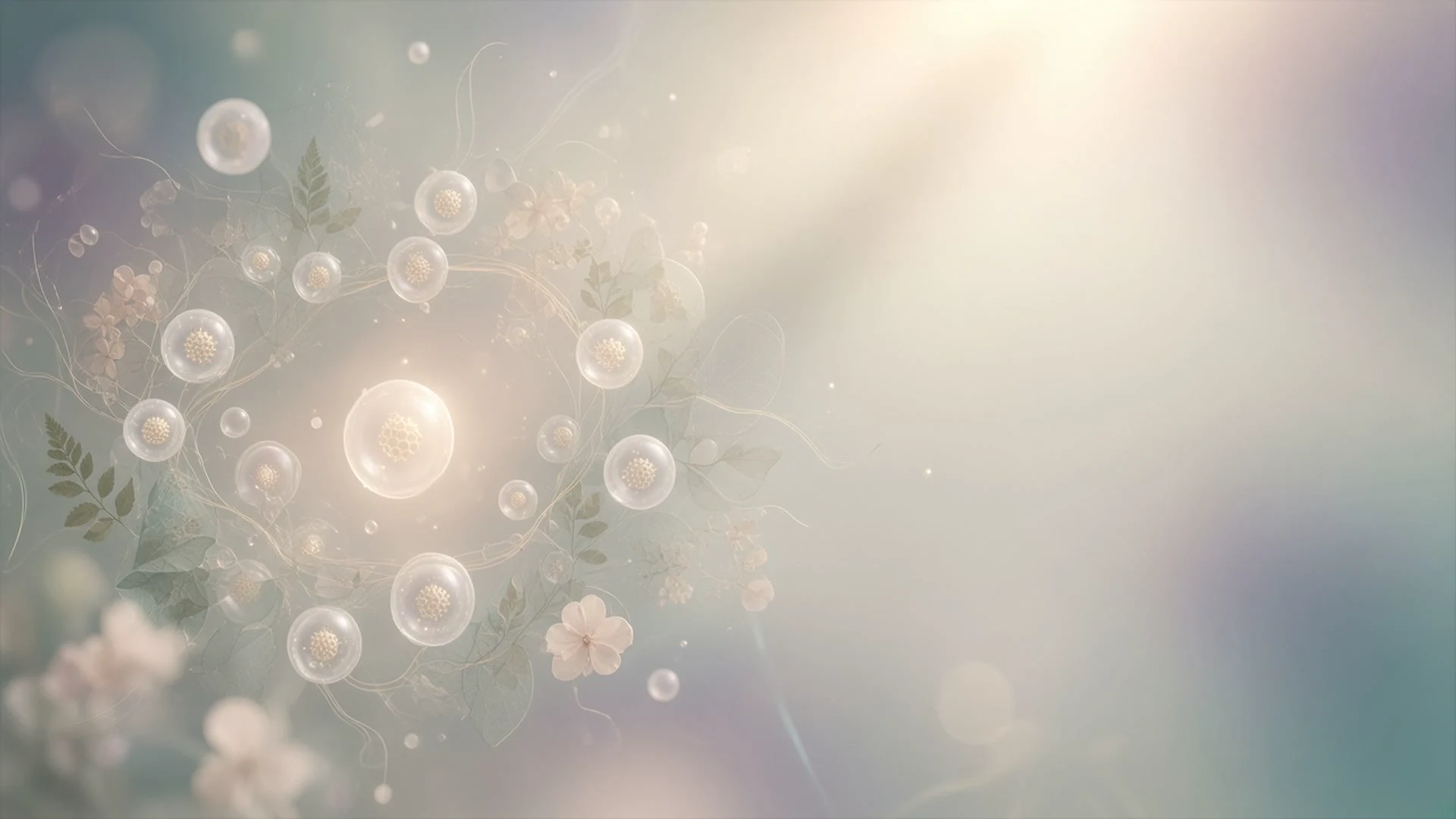 Translucent egg-like spheres woven among fine threads, leaves and pale blossoms in soft diffused light