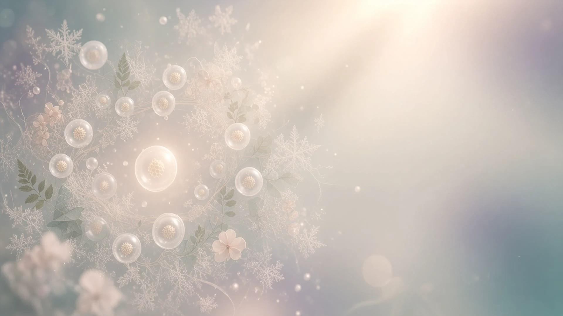 Translucent egg-like spheres among frost crystals, leaves and pale blossoms in soft diffused light